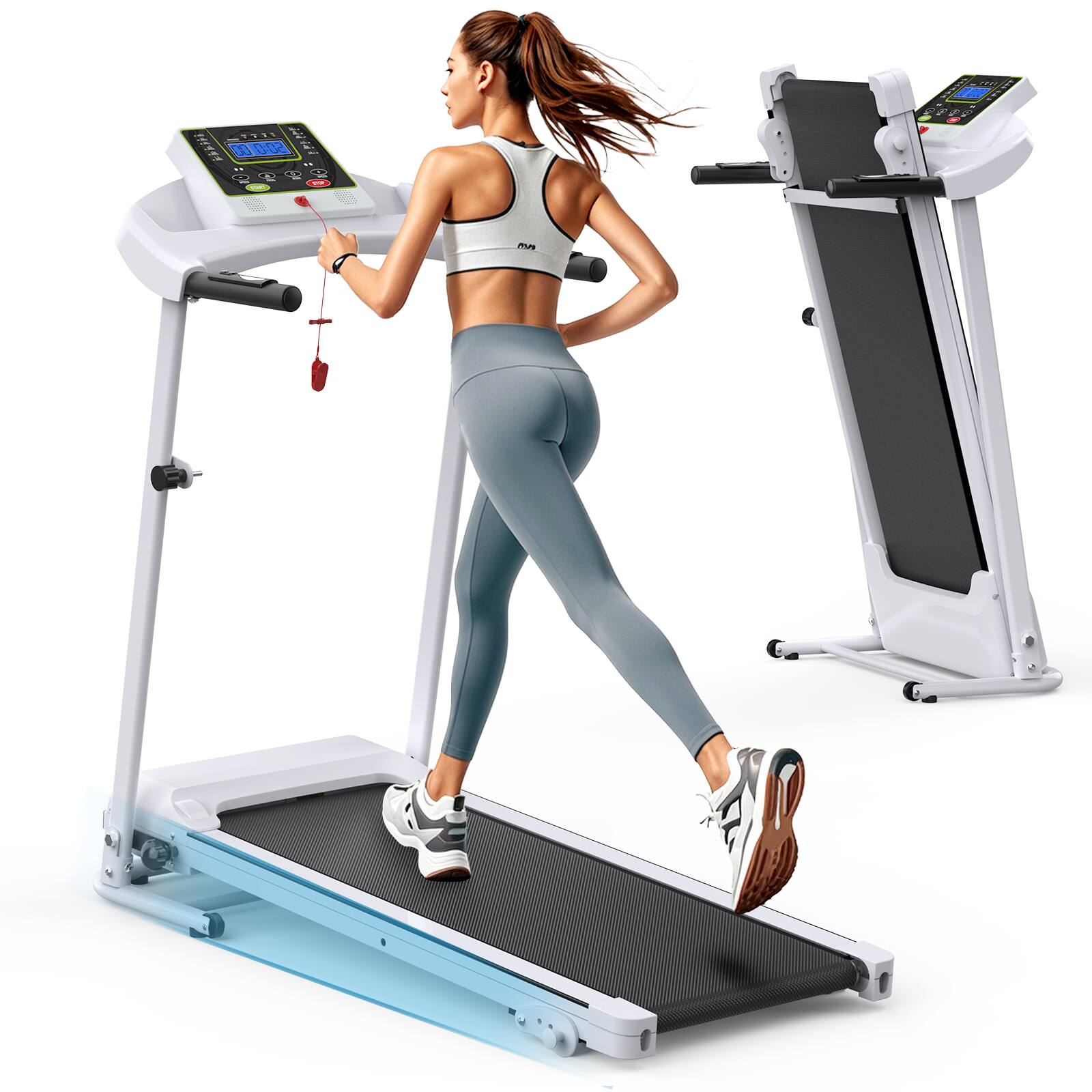 Tiramisubest - Folding Electric Treadmill with Incline, Bluetooth, Heart Rate Sensor, for Home Gym Fitness - White|Black