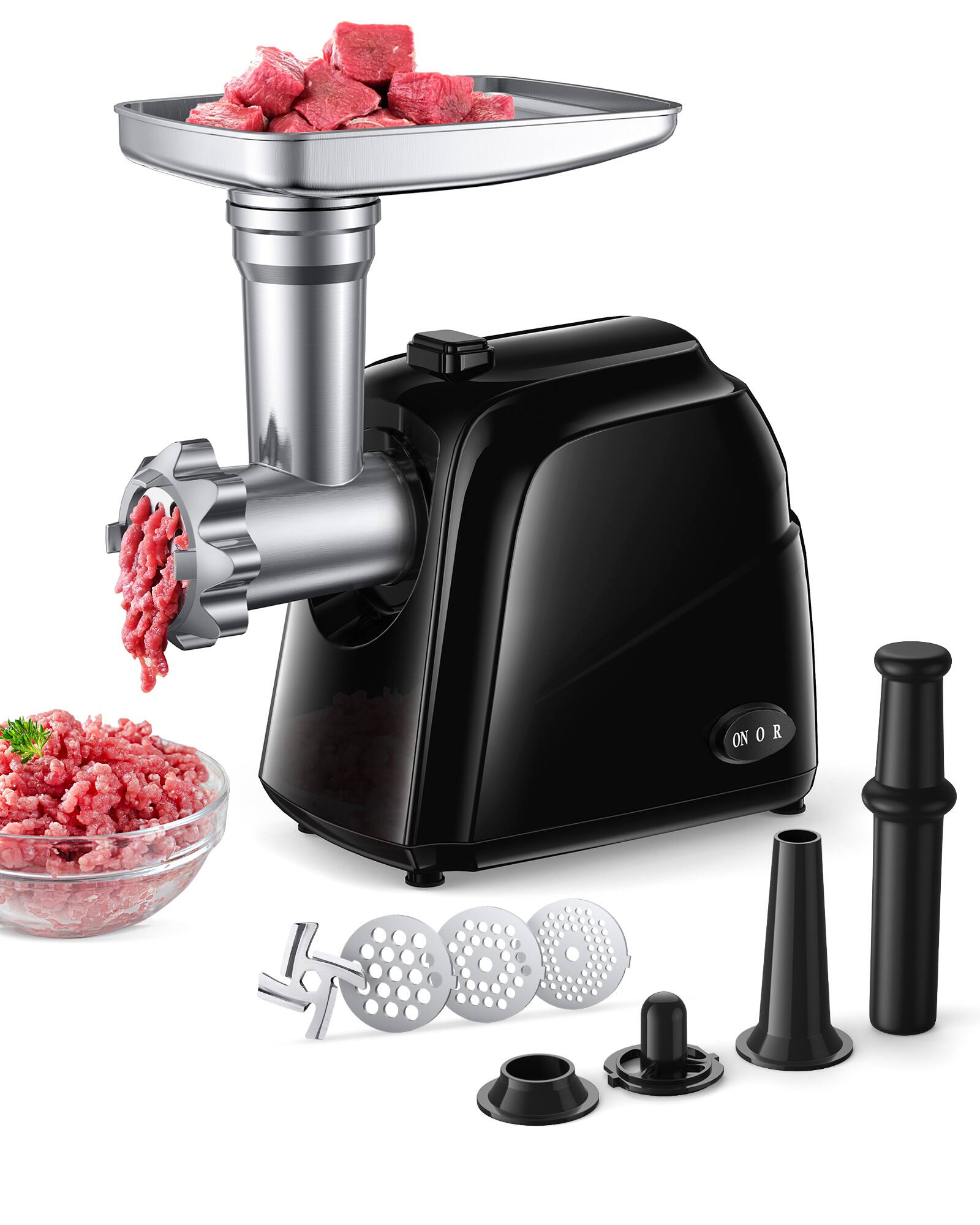 Front. KEINVE - Electric Meat Grinder, Sausage Stuffer Maker Food Grinder with Blade & 3 Plates, Sausage Stuffer Tubes & Kubbe Kit - Black.