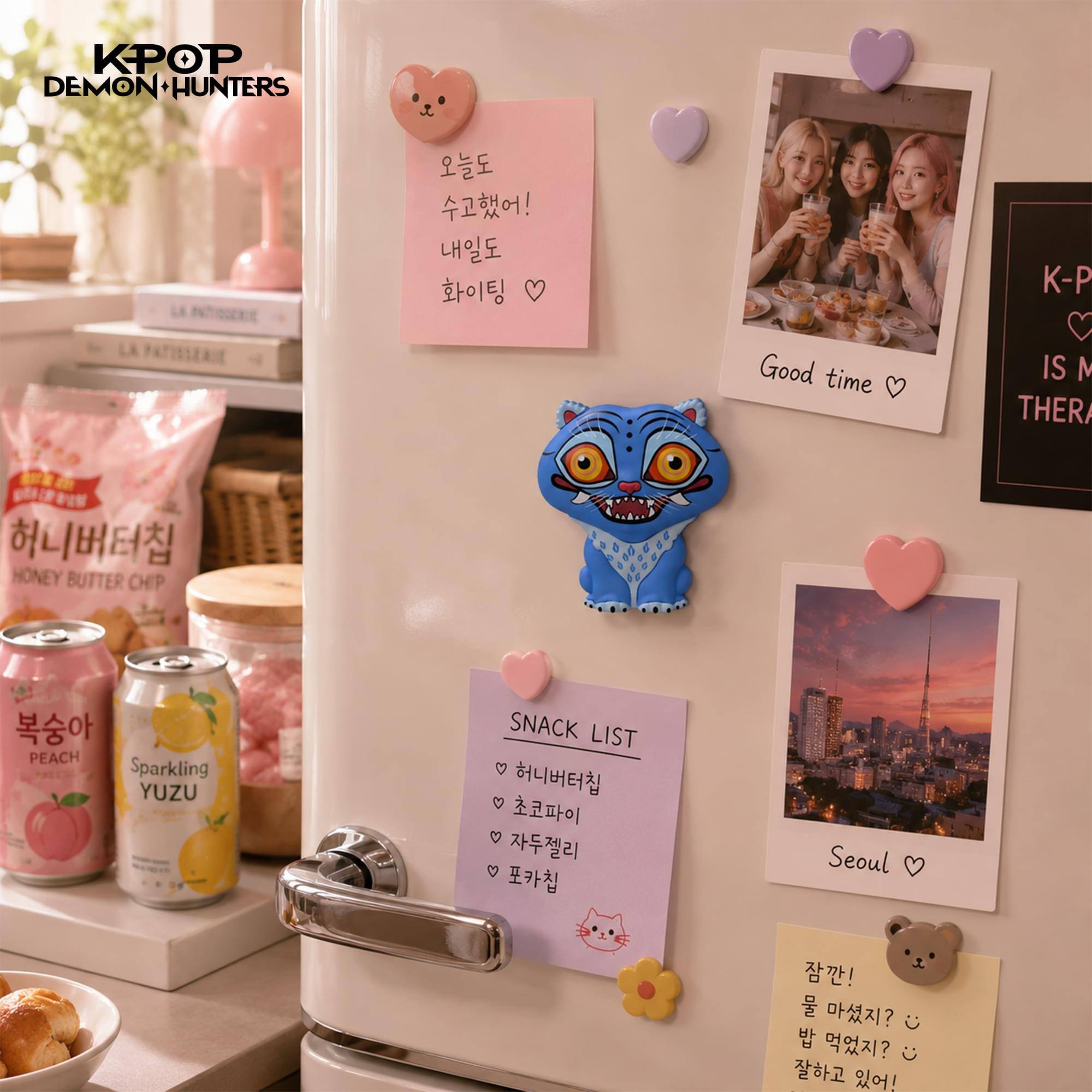 KPOP DEMON HUNTERS

K-P Good time IS M THER

HONEY BUTTER CHIP

PEACH Sparkling YUZU

SNACK LIST

Seoul