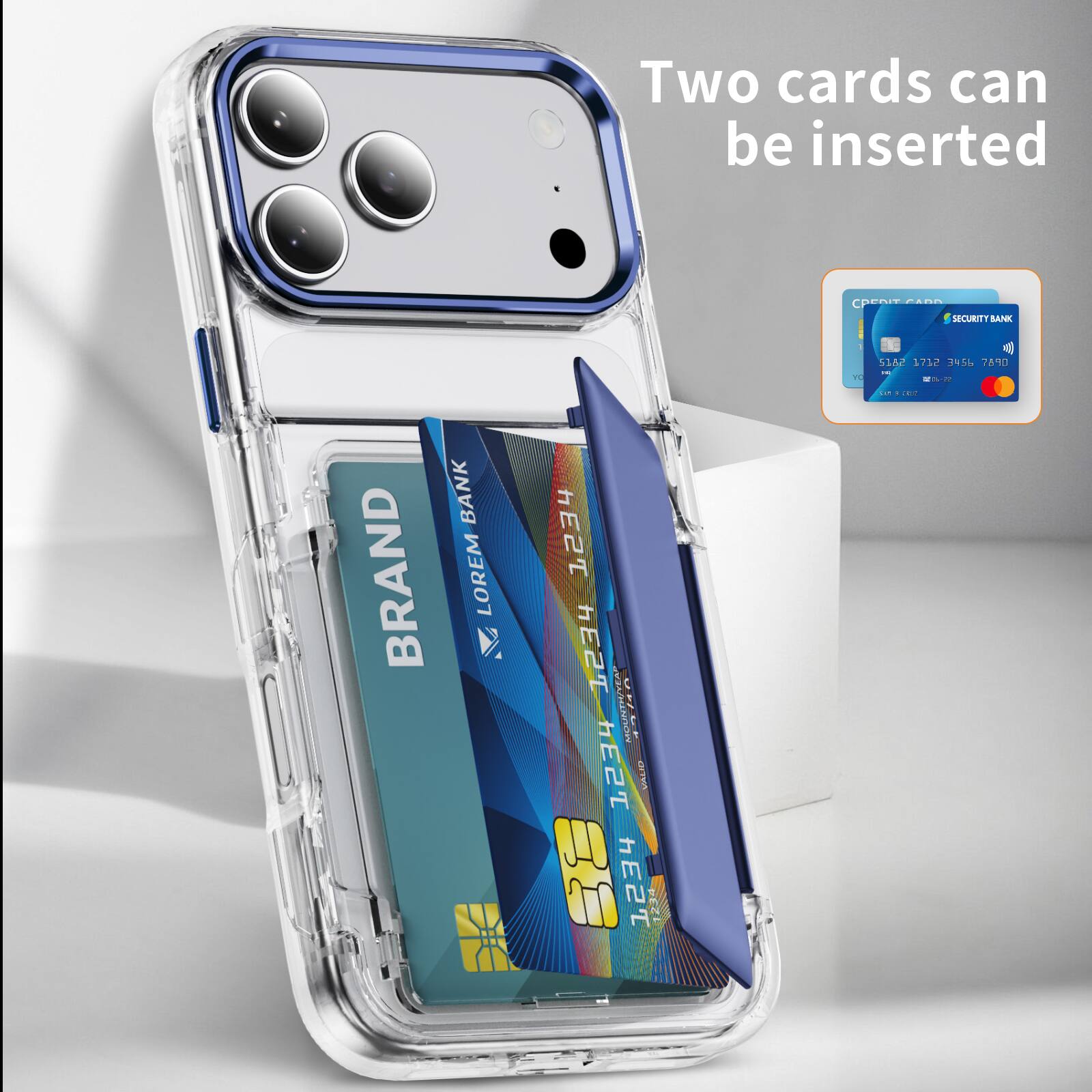 Two cards can be inserted.

CPD CANN SECURITY BANK
LOREM 1234 hE2T C ERARIENNOE 11212 ARL: 1 1234 OrTV E 1234 1234 ... 4 ERTS 1712 2456 7810 ! IN - ...