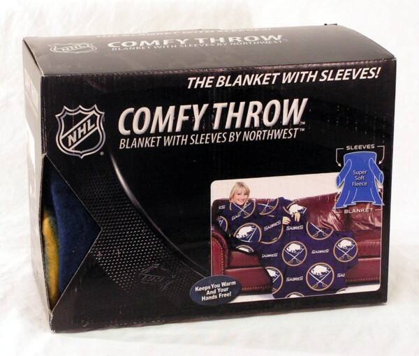 Sure, here is the corrected and grouped text from the image:

---

**COMFY THROW**  
**THE BLANKET WITH SLEEVES!**  
**BLANKET WITH SLEEVES BY NORTHWEST**  

**NHL**  
**ES GAR SAIRES SABRES**  

**Super Soft Fleece**  
**Keep Your Warm And Your Hands Free!**  

**SLEEVES**  
**Super Soft Fleece**  
**BLANKET**  

---