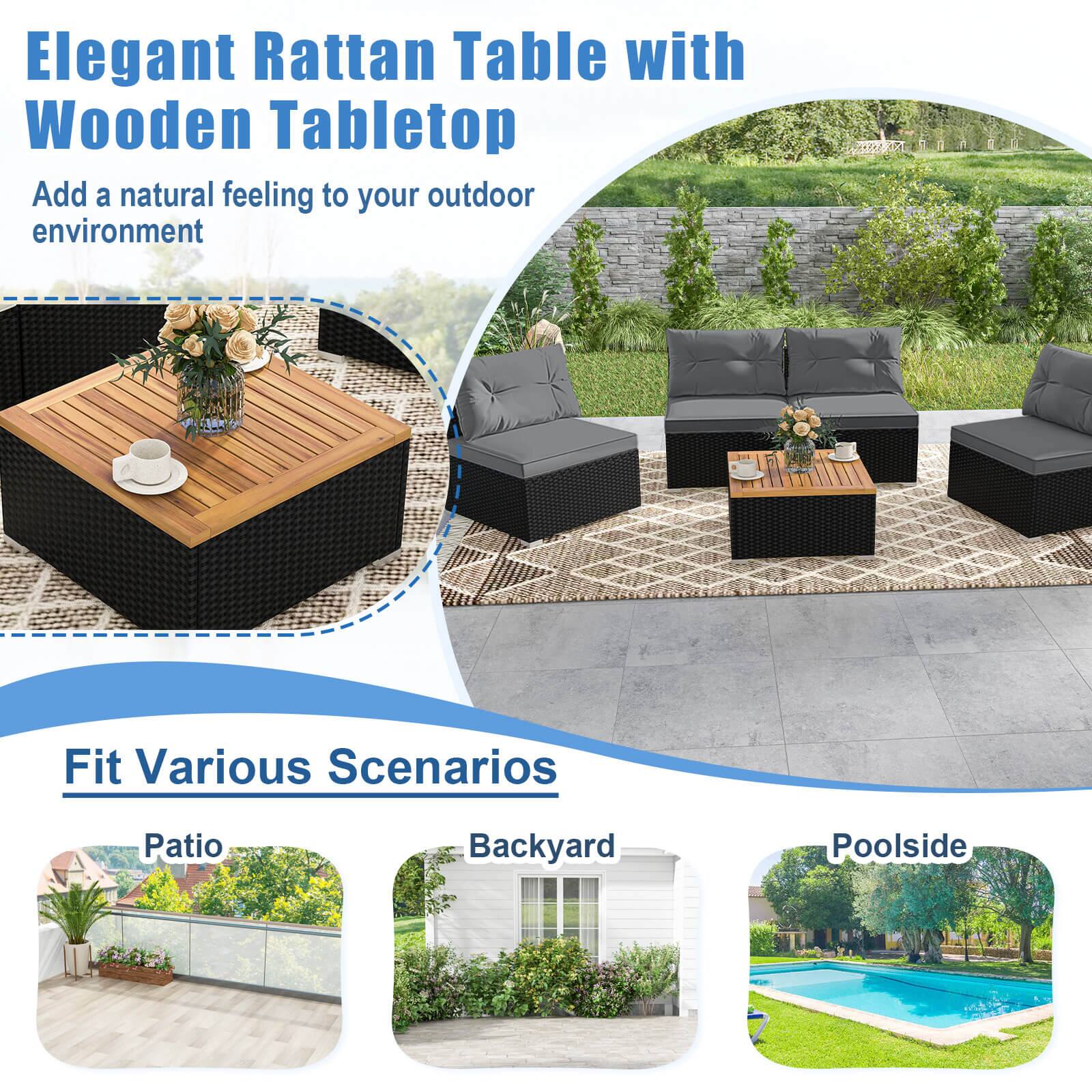 Elegant Rattan Table with Wooden Tabletop, Add a natural feeling to your outdoor environment, Fit Various Scenarios, Patio, Backyard, Poolside