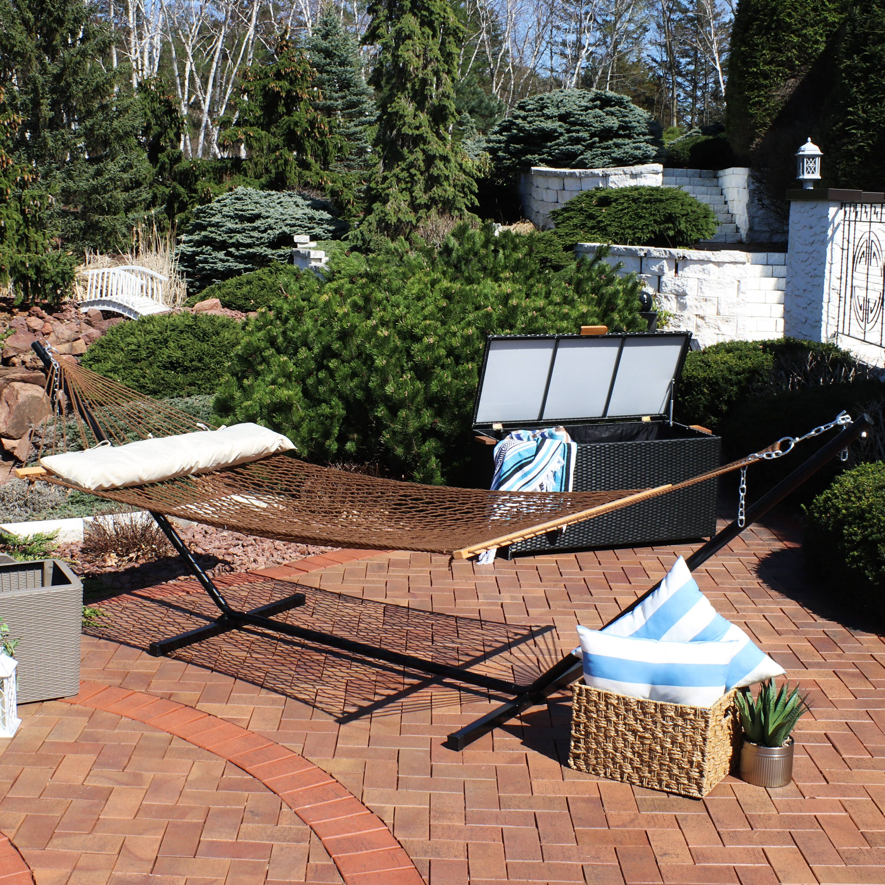 Alt View 3. Sunnydaze - 2-Person Polyester Rope Hammock with Steel Stand - Brown.