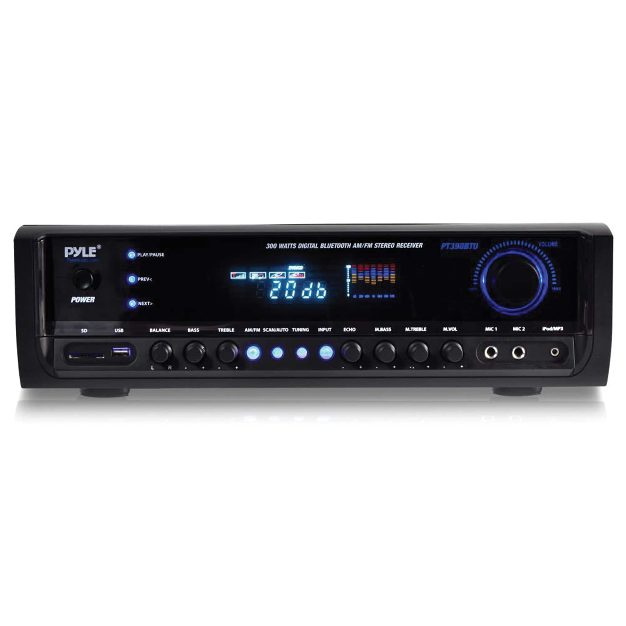 The image features a PYLE brand digital stereo receiver with a blue display. The receiver has a variety of controls and settings, including volume, power, and bass and treble adjustments. Additionally, it has a built-in Bluetooth feature for wireless connectivity. The device is designed to provide a high-quality audio experience for users.