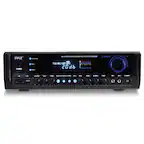 The image features a PYLE brand digital stereo receiver with a blue display. The receiver has a variety of controls and settings, including volume, power, and bass and treble adjustments. Additionally, it has a built-in Bluetooth feature for wireless connectivity. The device is designed to provide a high-quality audio experience for users.