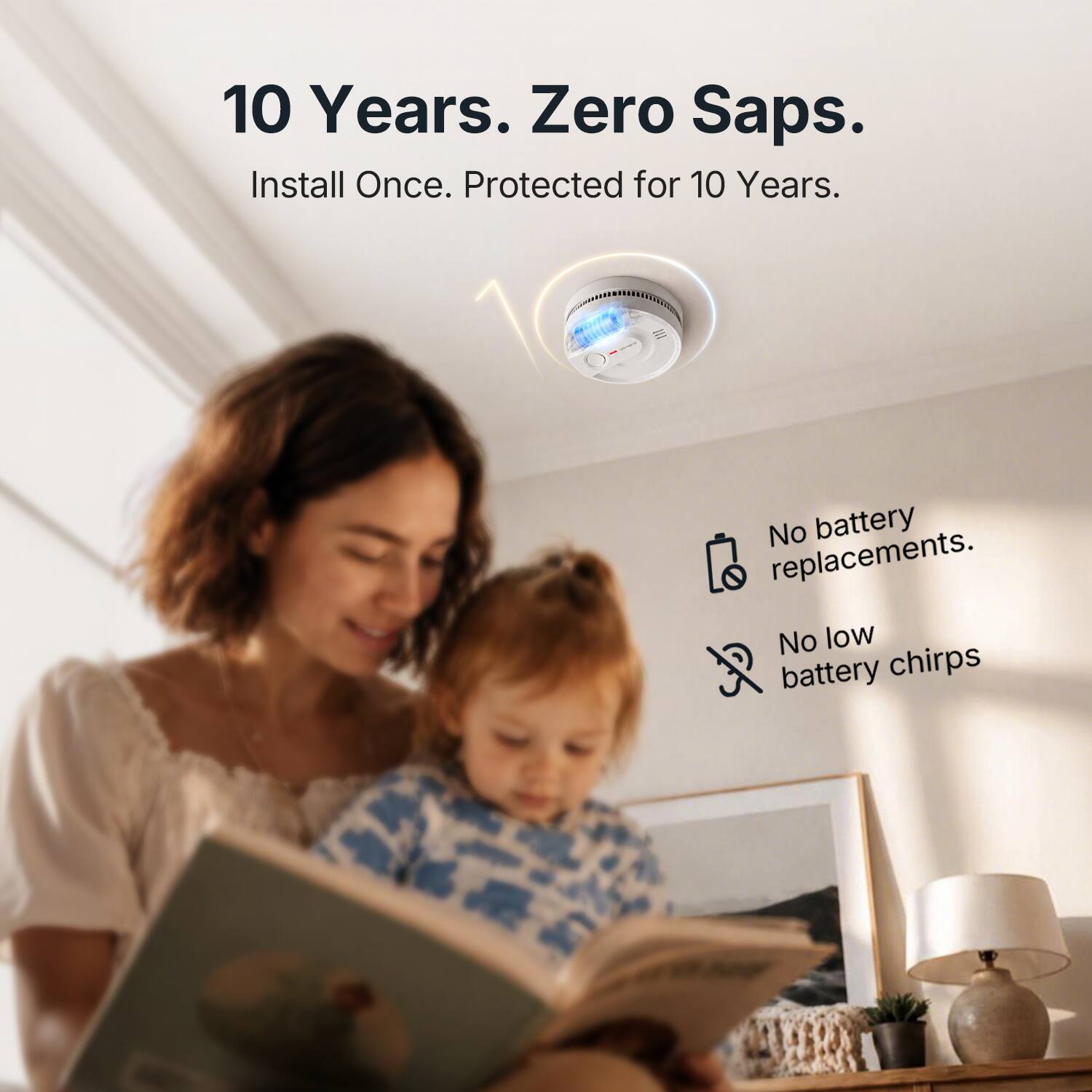 10 Years. Zero Saps.  
Install Once. Protected for 10 Years.  

No battery replacements.  
No low battery chirps