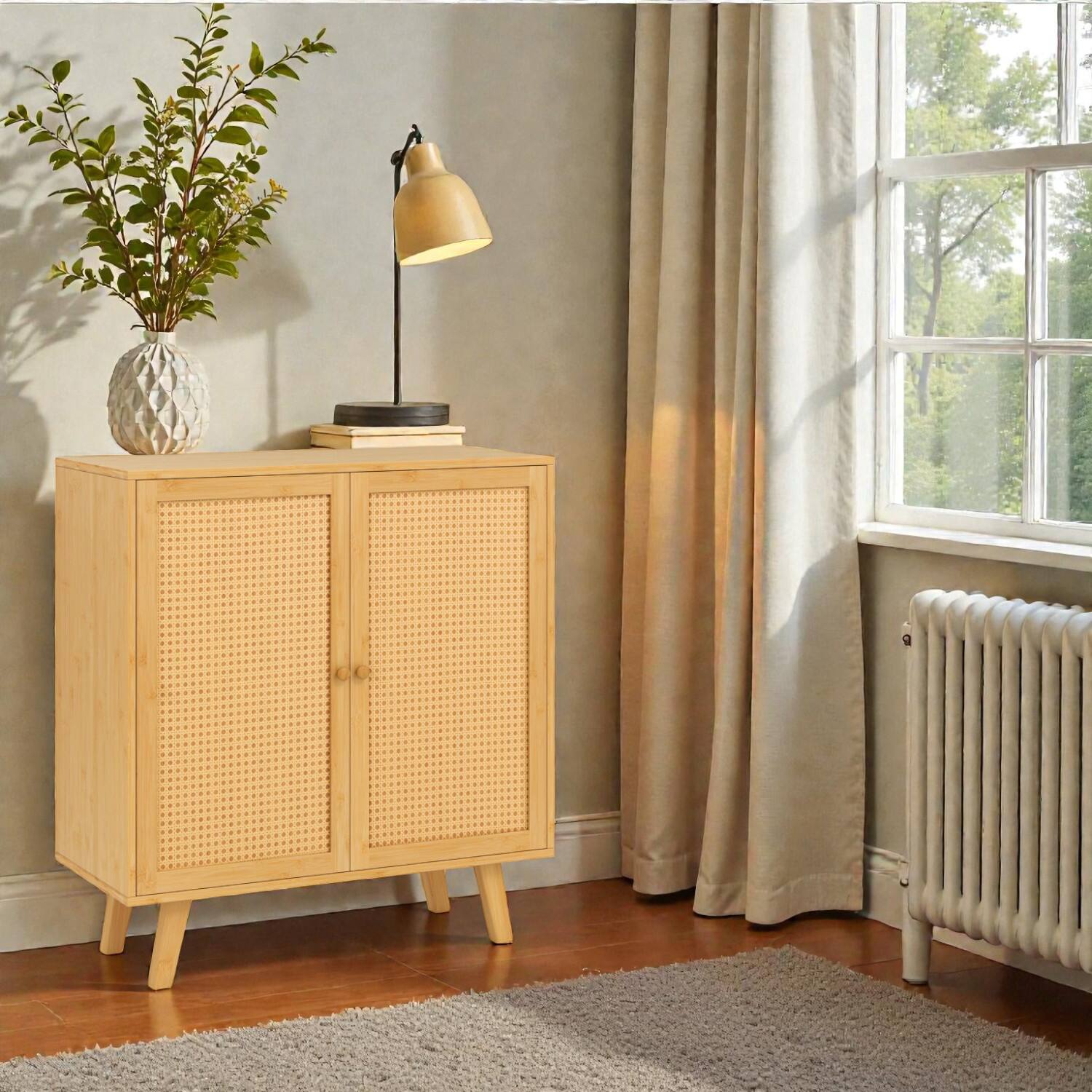 Hivvago - Freestanding Bamboo Buffet with Woven PE Rattan Doors and Ample Storage - Natural