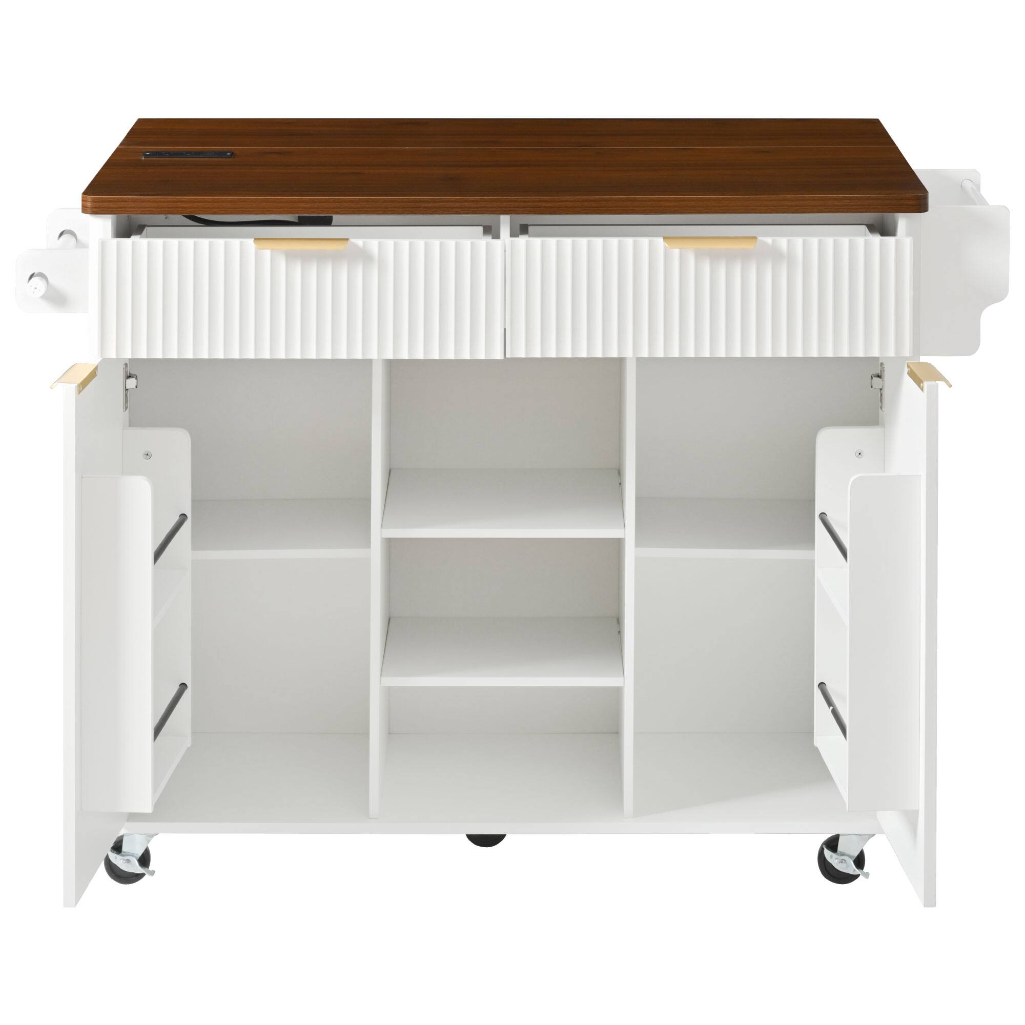 Alt View 1. Forest'nSky - 52 inch Kitchen Island with Fluted Front, Walnut Drop Leaf Top, Built-in Power Outlet with 2 Drawers & 2 Doors, White - White.