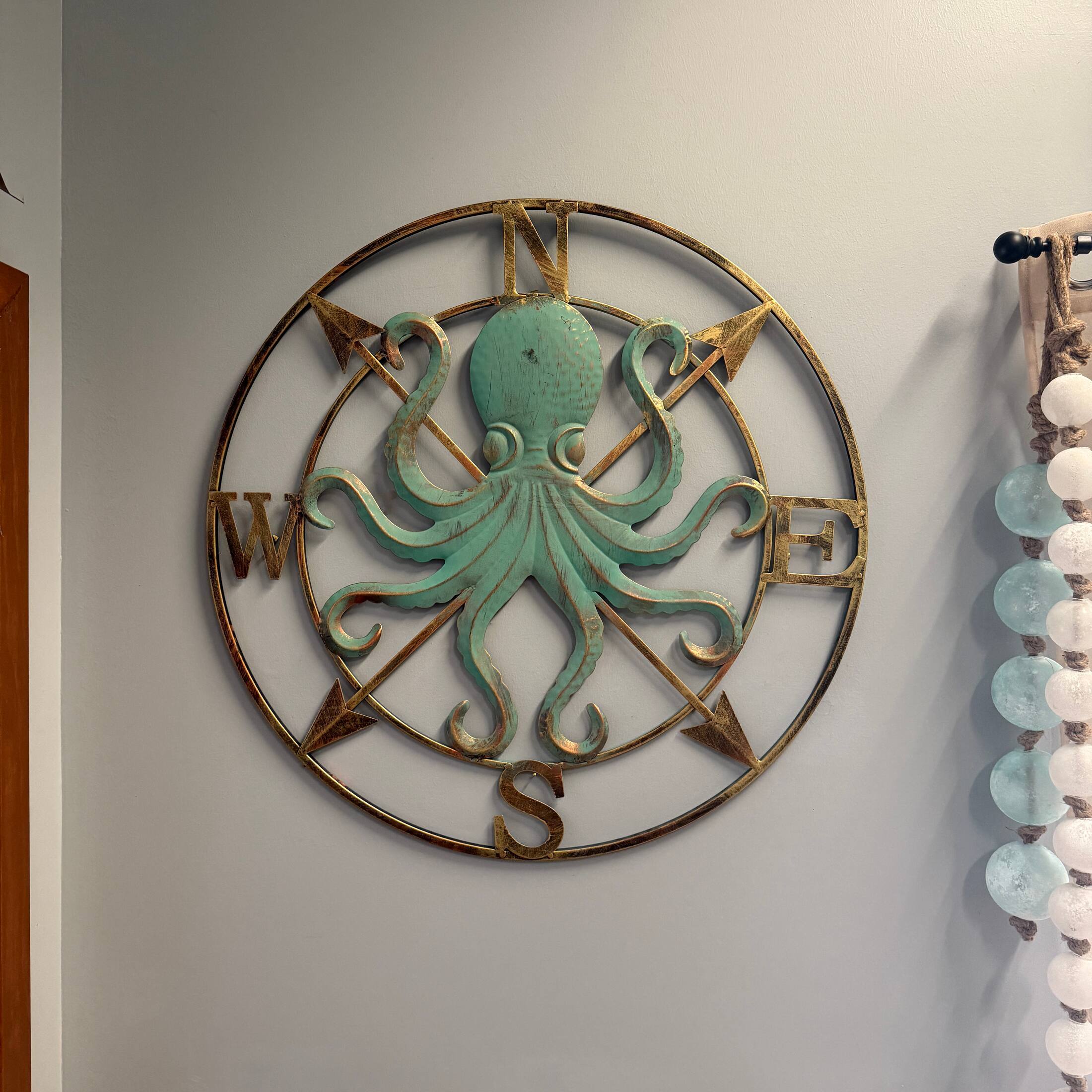 Alt View 7. Zeckos - 28 Inch Metal Octopus Compass Rose Wall Sculpture Aqua Bronze Nautical Decor - Aqua.