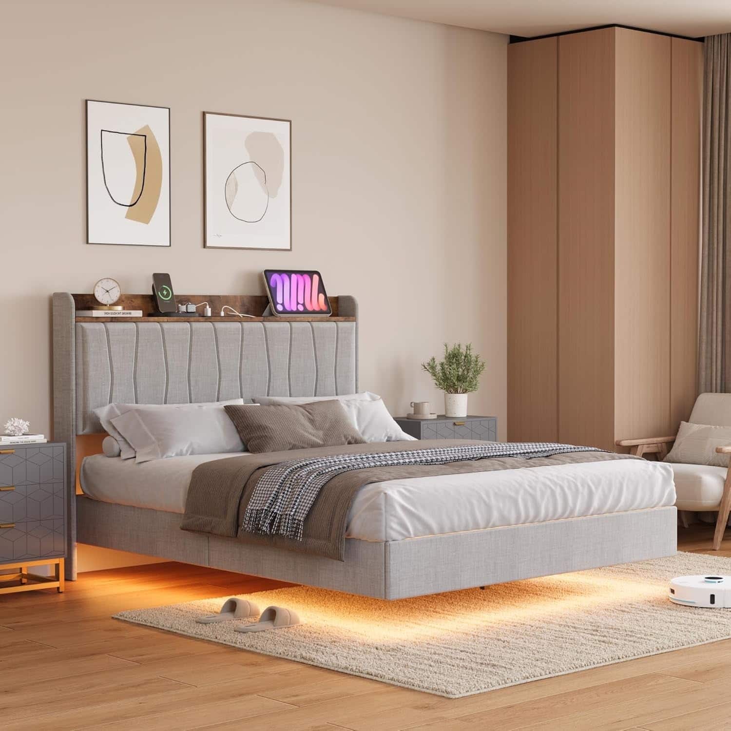 GARVEE - Queen Floating Bed Frame with LED Lights & USB Charging, Grey – Space-Saving & Stylish with LED Lights & USB - Gray
