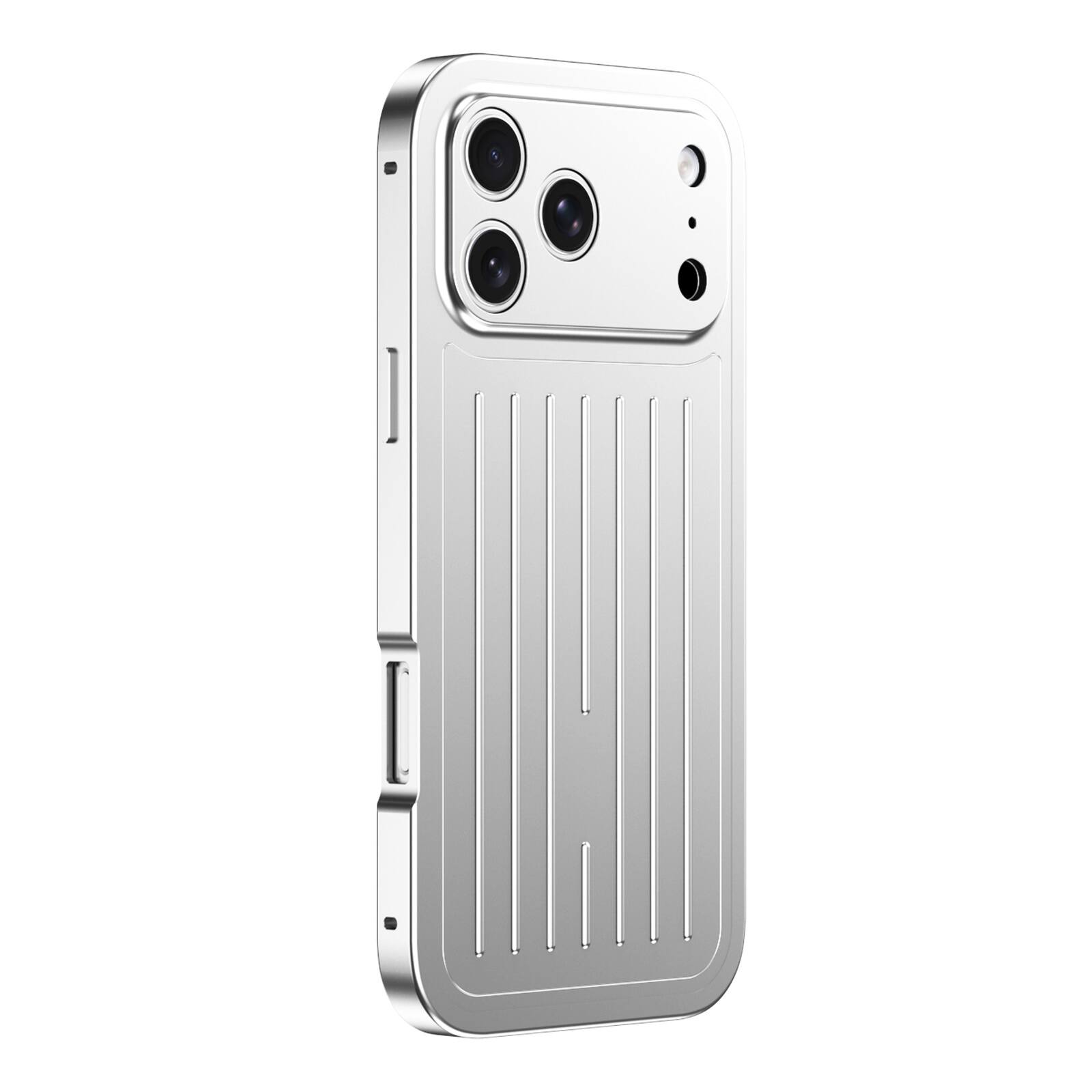 Angle. Dteck - Full Body Case for Apple iPhone 17 Pro with Built-in Glass Screen Protector, Aluminum Alloy Bumper Rugged Cover - Silver.