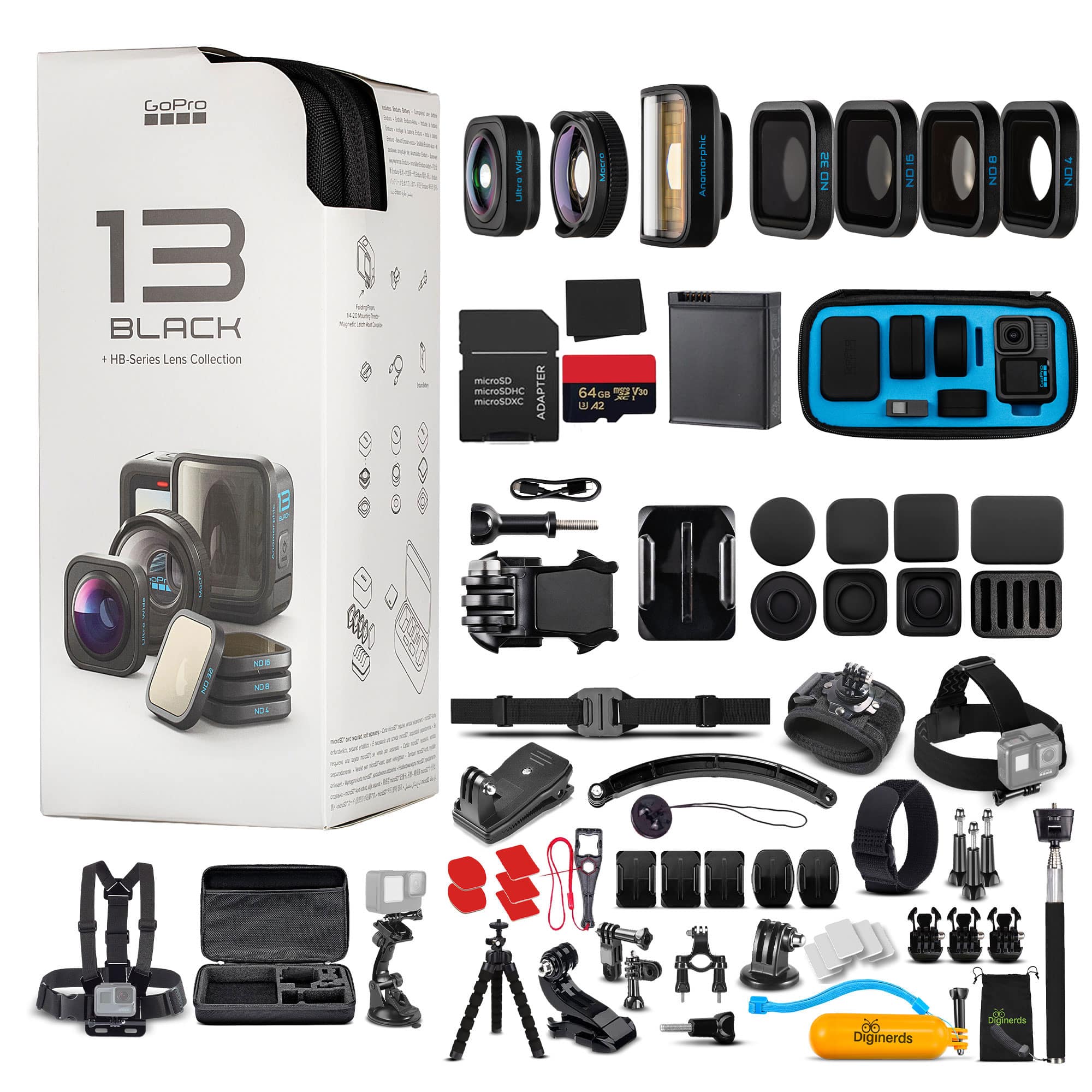 GoPro - HERO13 Black with HB-Series Lens Collection - Waterproof Action Camera + 64GB Card and 50 Piece Accessory Kit