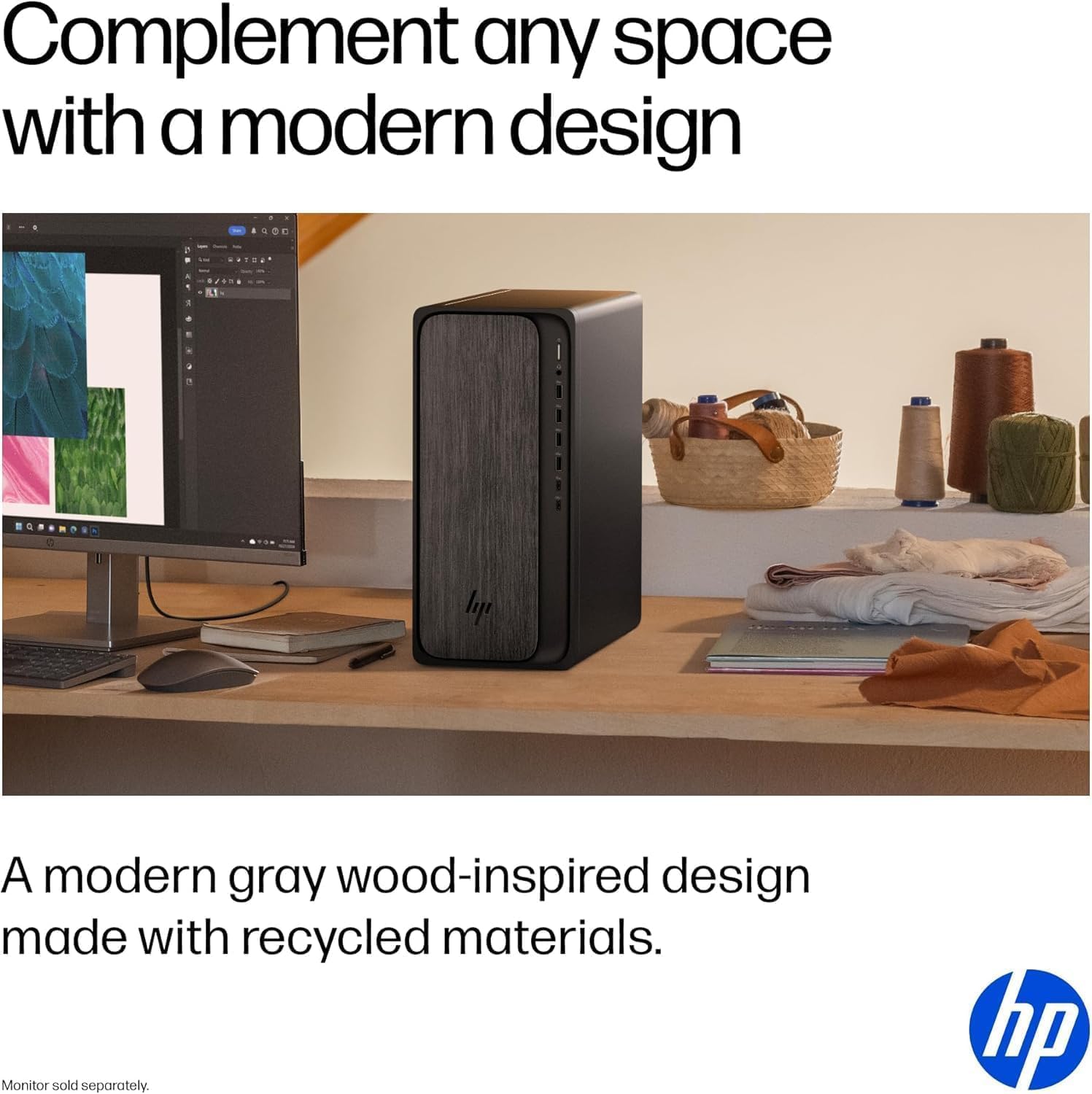 Complement any space with a modern design

A modern gray wood-inspired design made with recycled materials.

Monitor sold separately.