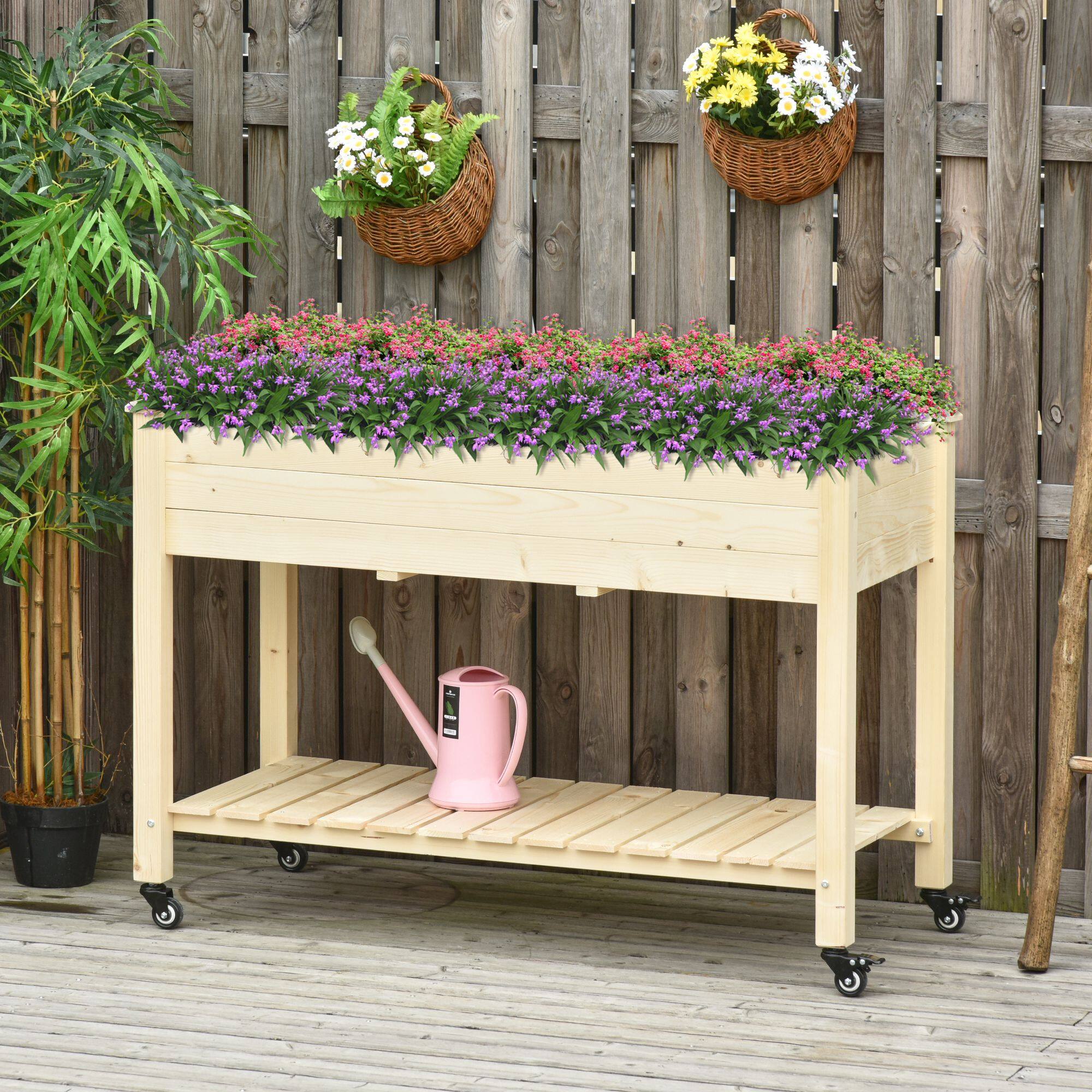 Alt View 1. Outsunny - Raised Garden Bed, 47" x 22" x 33", Elevated Wooden Planter Box w/ Lockable Wheels, Storage Shelf - Natural.