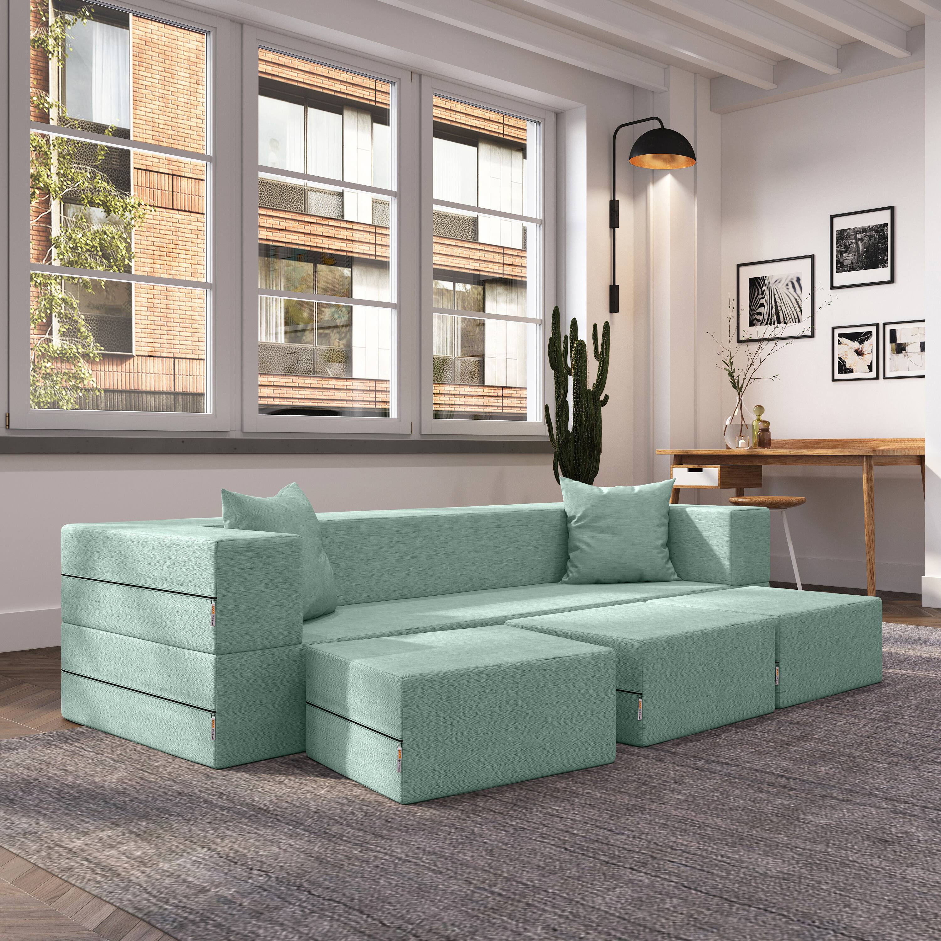 Left. Jaxx - Jaxx Zipline Convertible Sleeper Sofa & Three Ottomans/California King-Size Bed, Textured Microvelvet - Caribbean - Caribbean.