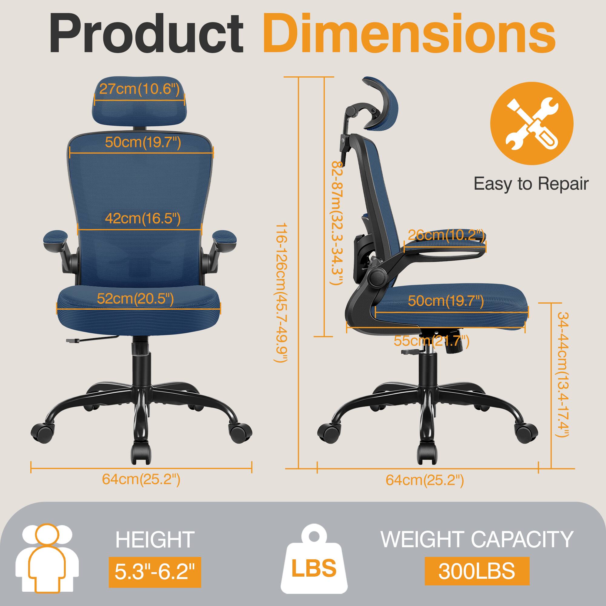 Product Dimensions  
- 27cm (10.6")  
- 50cm (19.7")  
- 52cm (20.5")  
- 42cm (16.5")  
- 116-126cm (45.7-49.9")  
- 82-87cm (32.3-34.3")  
- 55cm (21.7")  
- 26cm (10.2")  
- 50cm (19.7")  
- 34-44cm (13.4-17.4")  
- 64cm (25.2")  
- 64cm (25.2")  

HEIGHT: 5.3"-6.2"  
WEIGHT CAPACITY: 300LBS