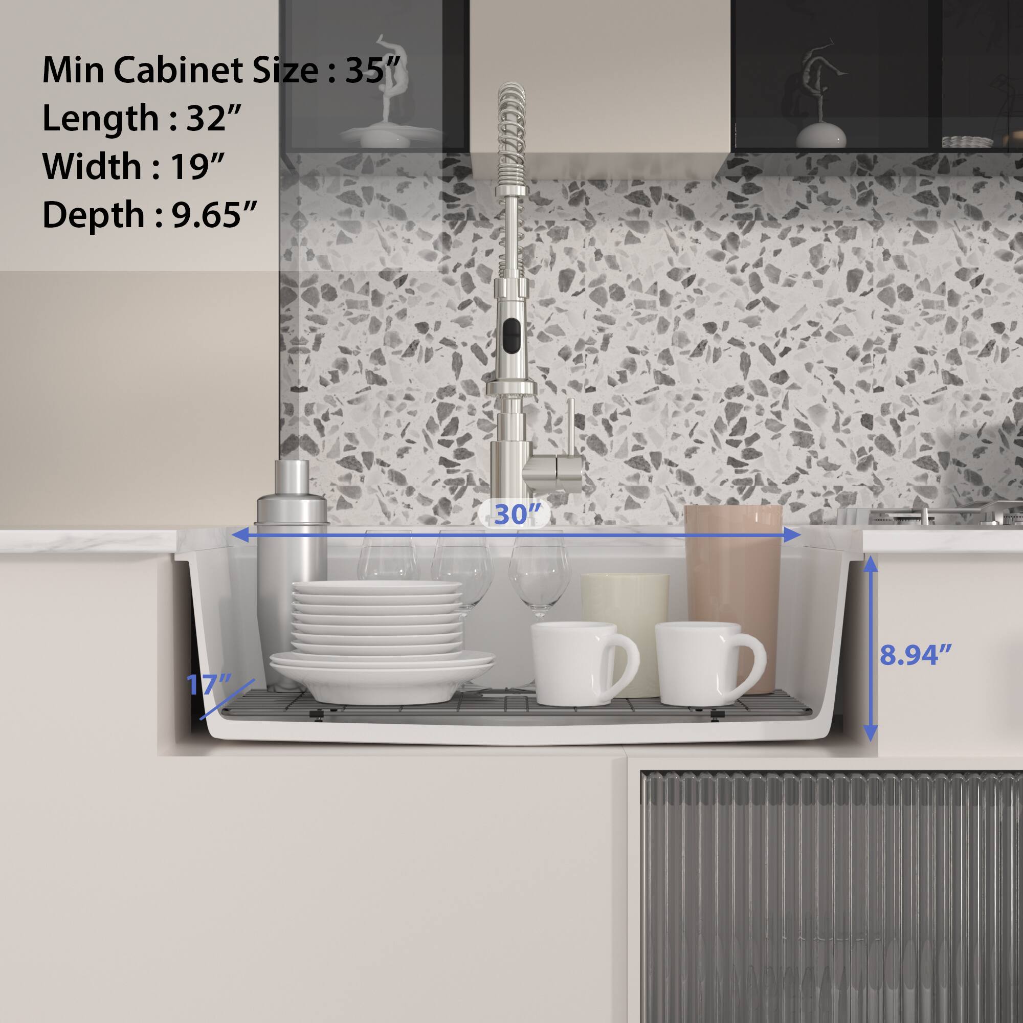 Min Cabinet Size: 35"  
Length: 32"  
Width: 19"  
Depth: 9.65"  

30"  
17"  
8.94"