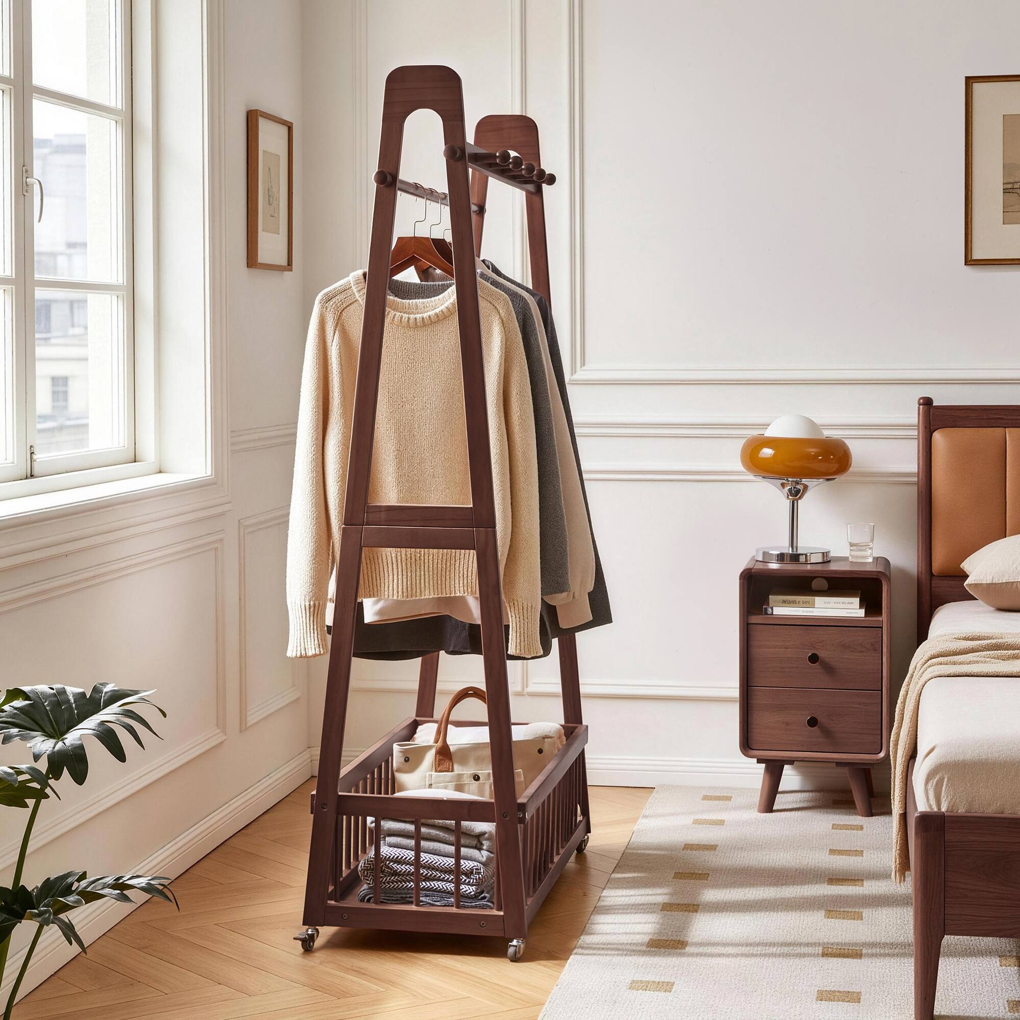 Back. LUCKY ONE - Solid Wood Freestanding Clothing Garment Rack with Lockable Wheels - Walnut.