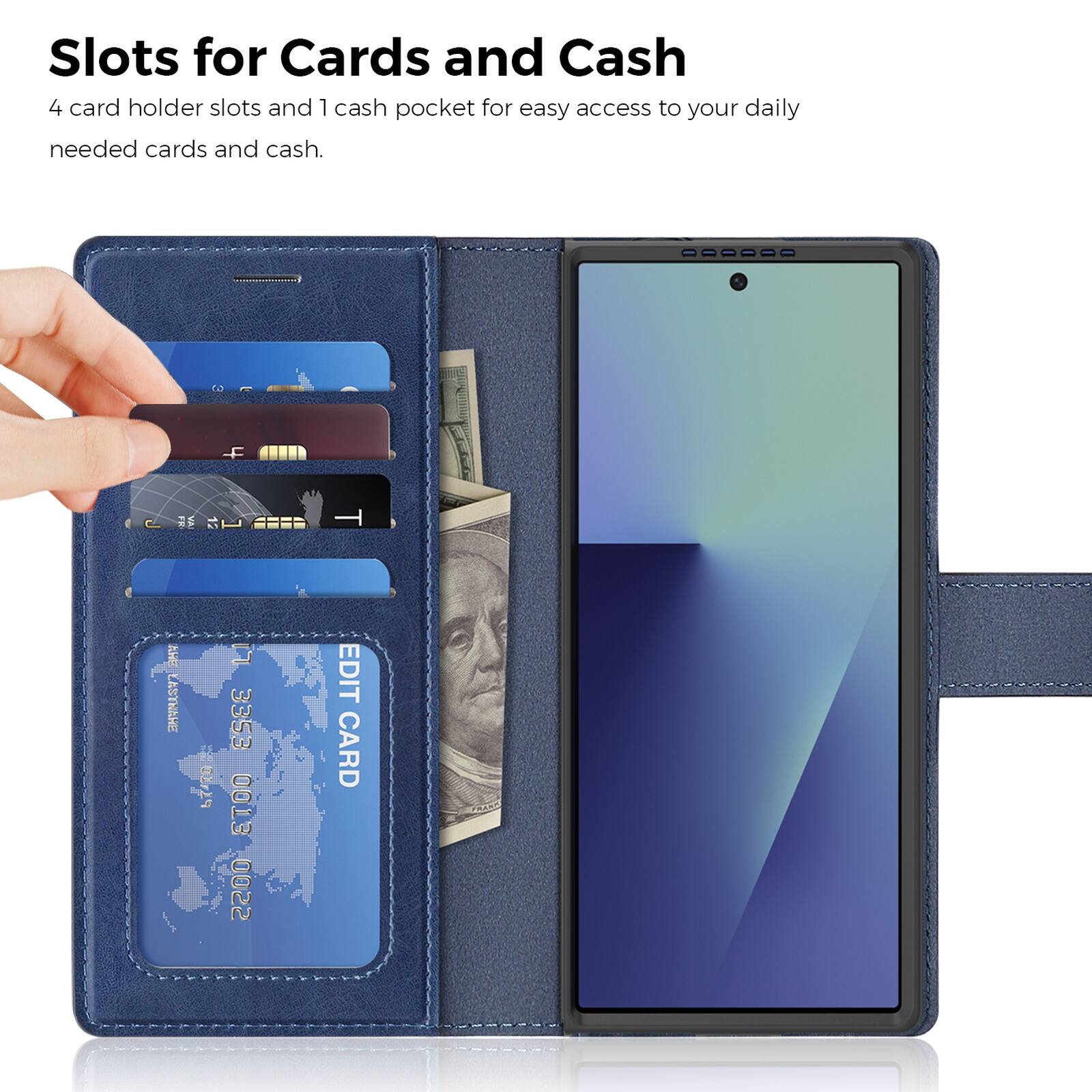Slots for Cards and Cash  
4 card holder slots and 1 cash pocket for easy access to your daily needed cards and cash.  

AE T LASTNAHE 67470  
3353 ETOO 0022 EDIT CARD
