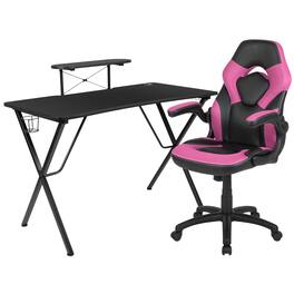 Emma + Oliver - Gaming Desk and Racing Chair Set with Headphone Hook, and Monitor Stand - Pink
