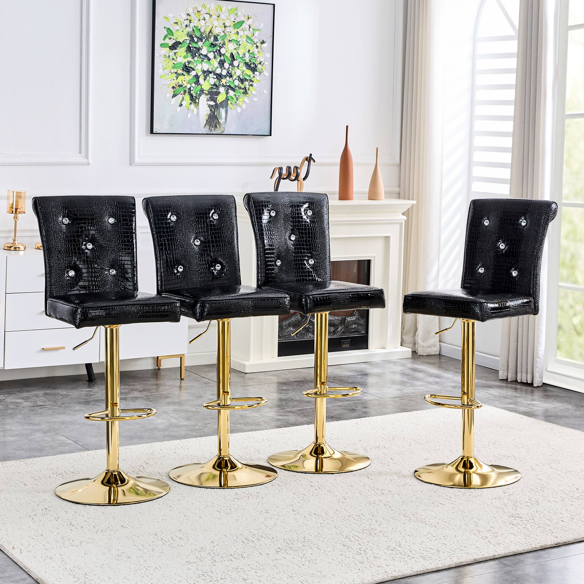 Back. Loheer - Vintage Crocodile Faux Leather Lift Bar Stools Set of 2 Adjustable 1.8 x 1.4 x 4.1 ft - Black.