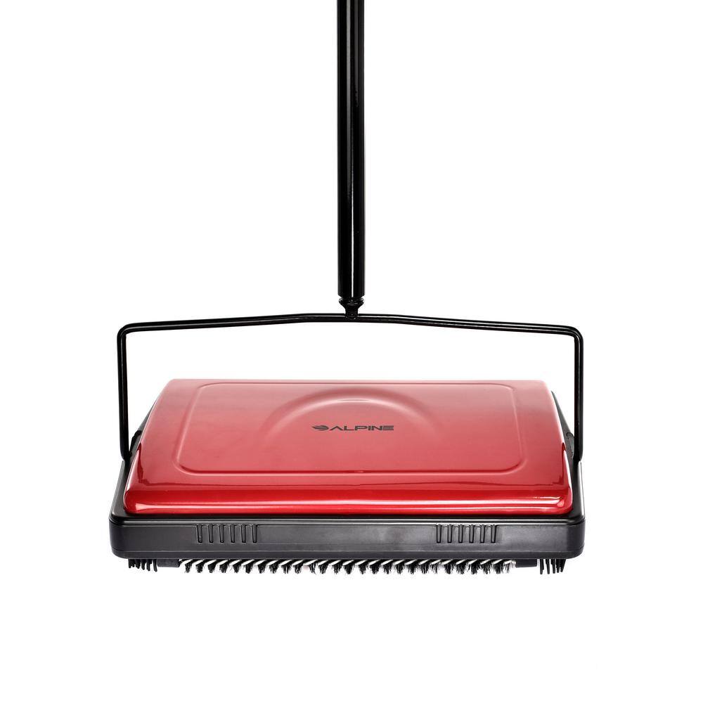 Left. Alpine Industries - Manual Triple Brush Carpet and Floor Sweeper - Red.