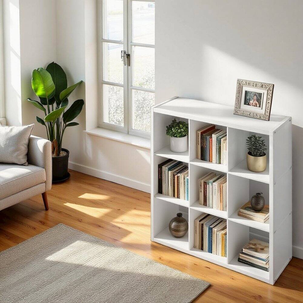 Angle. FurniFact - White Engineered Wood 9 Cube Storage Organizer with Open Back Modern Design - White.