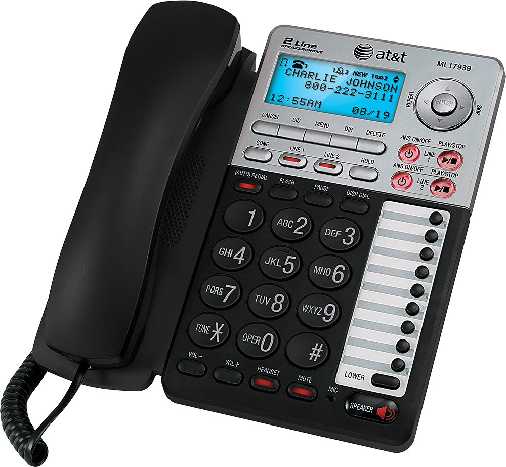 Left View: AT&T - ML17939 2-Line Corded Phone with Digital Answering System - Black/Silver