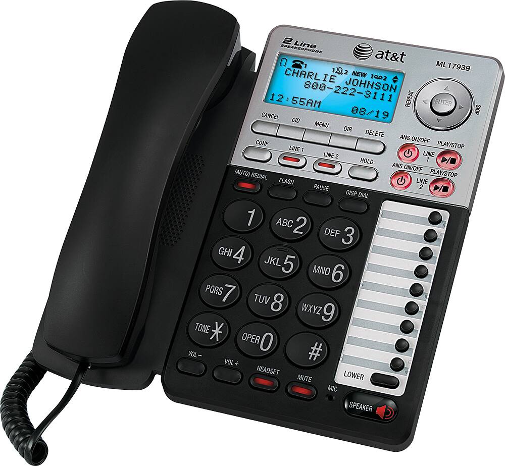 Left. AT&T - ML17939 2-Line Corded Phone with Digital Answering System - Black/Silver.