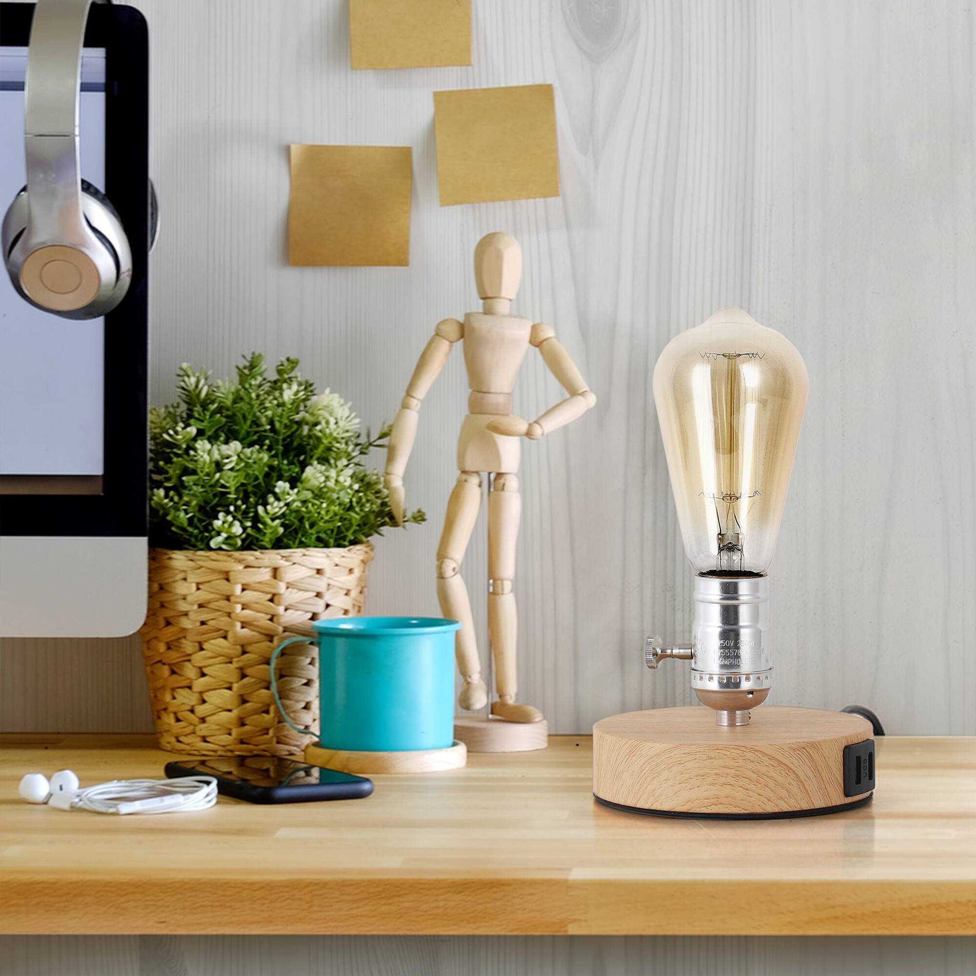 Alt View 1. Oumilen - Wooden Base Edison Table Lamp with USB Ports – Minimalist Industrial Desk Lamp with Rotary Switch.