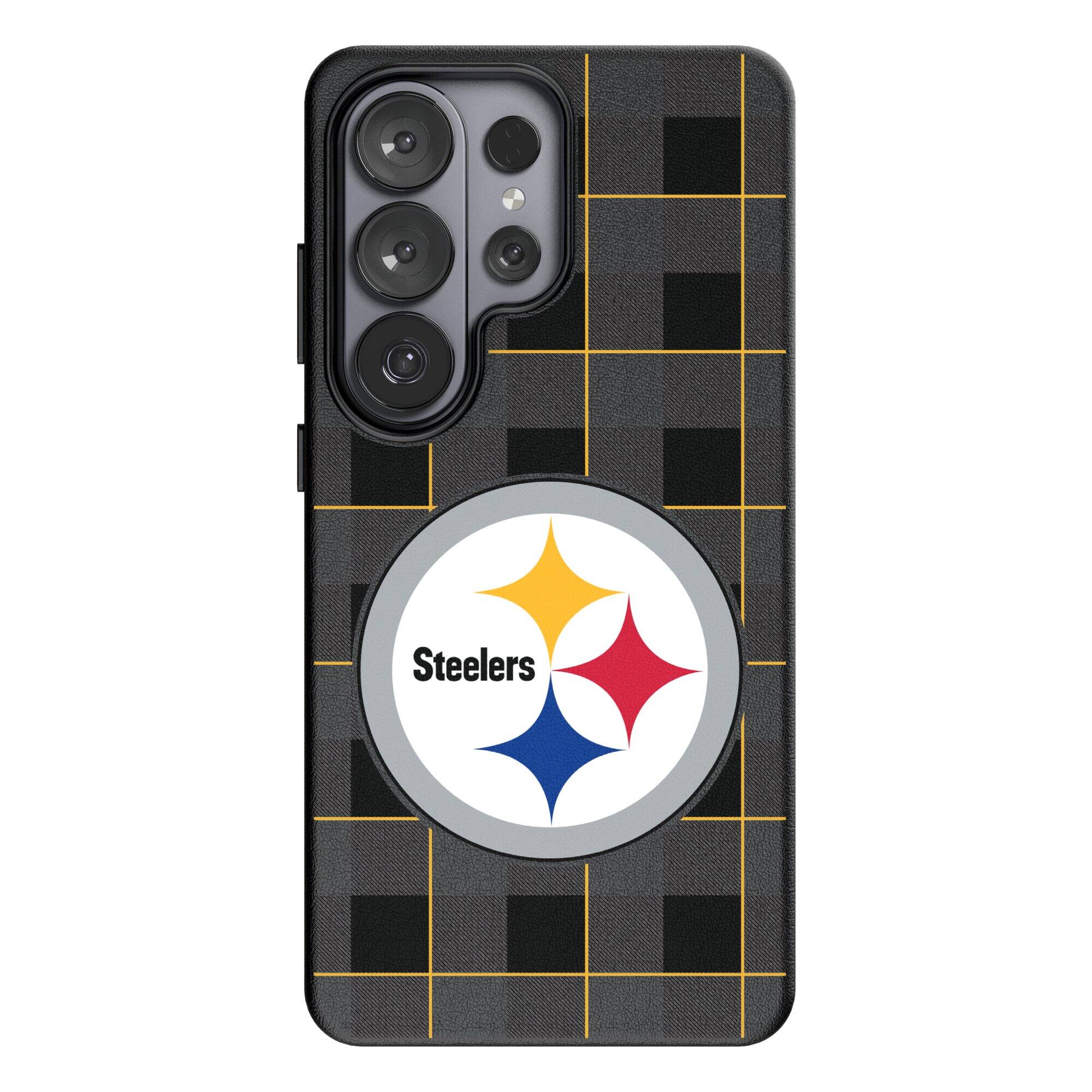 Front. Keyscaper - Pittsburgh Steelers Plaid Galaxy Magnetic Bump Case - S24 Ultra - Black.