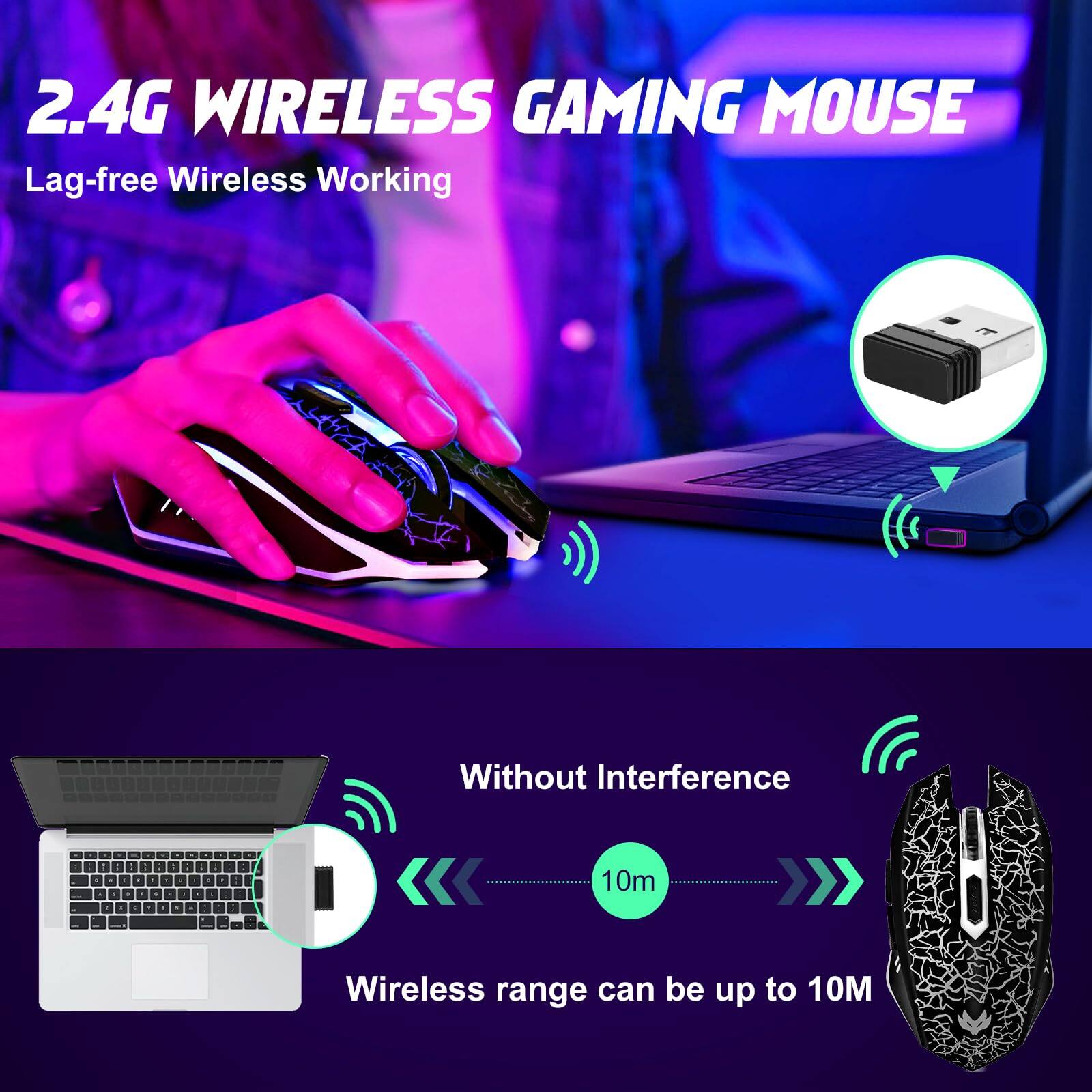 2.4G Wireless Gaming Mouse  
Lag-free Wireless Working  

Without Interference  
Wireless range can be up to 10M