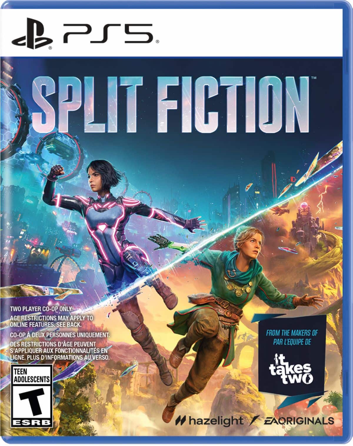 PS5 Split Fiction Two Player Co-op Only Age Restrictions May Apply to Online Features. See Back. Co-op Deux Personnes Uniquement. Des Restrictions D'Age Peuvent S'Appliquer Aux Fonctionnalites En Ligne. Plus D'Informations Au Verso. Teen Adolescents T ESRB From the Makers of Par L'Equipe De Hazelight I EA Originals.