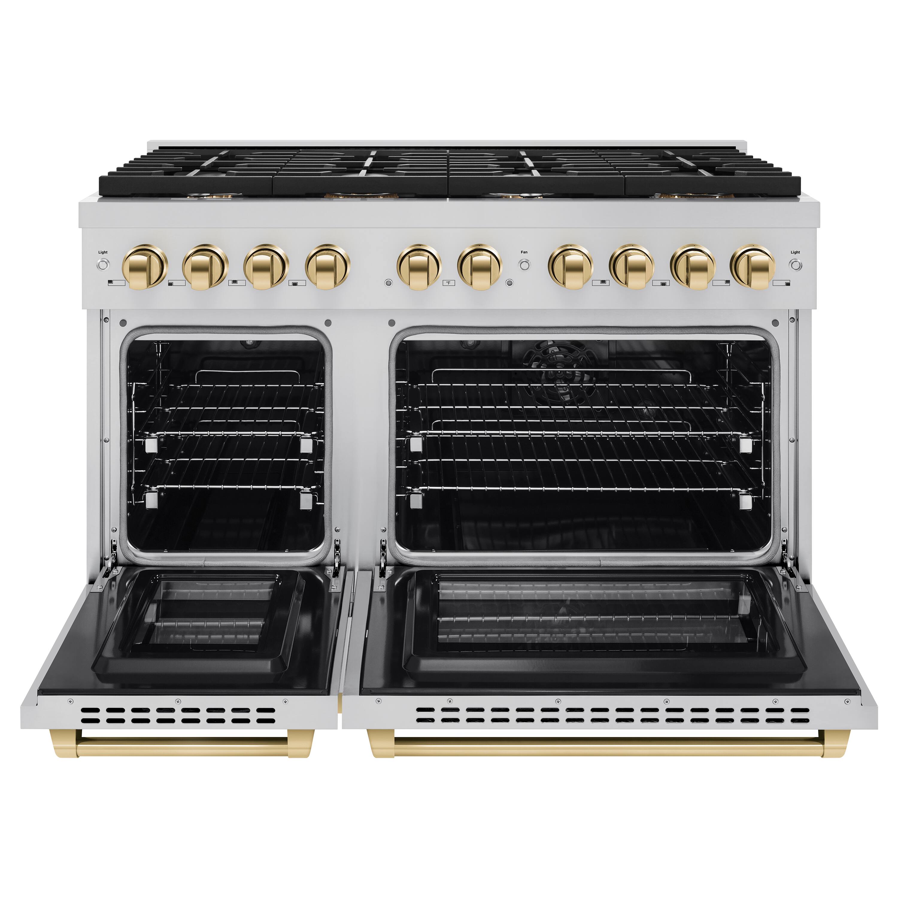 Angle. ZLINE - ZLINE Autograph 48" Paramount Double Oven Dual Fuel Range w/ Polished Gold Accents (SDRZ-48-G) - Stainless Steel.