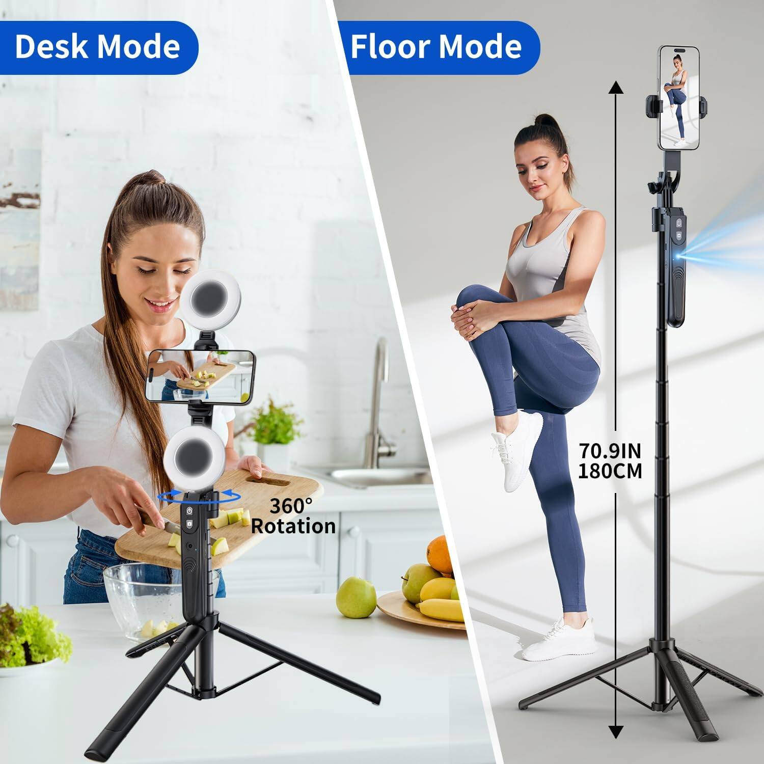 Desk Mode  
360° Rotation  

Floor Mode  
70.9IN 180CM