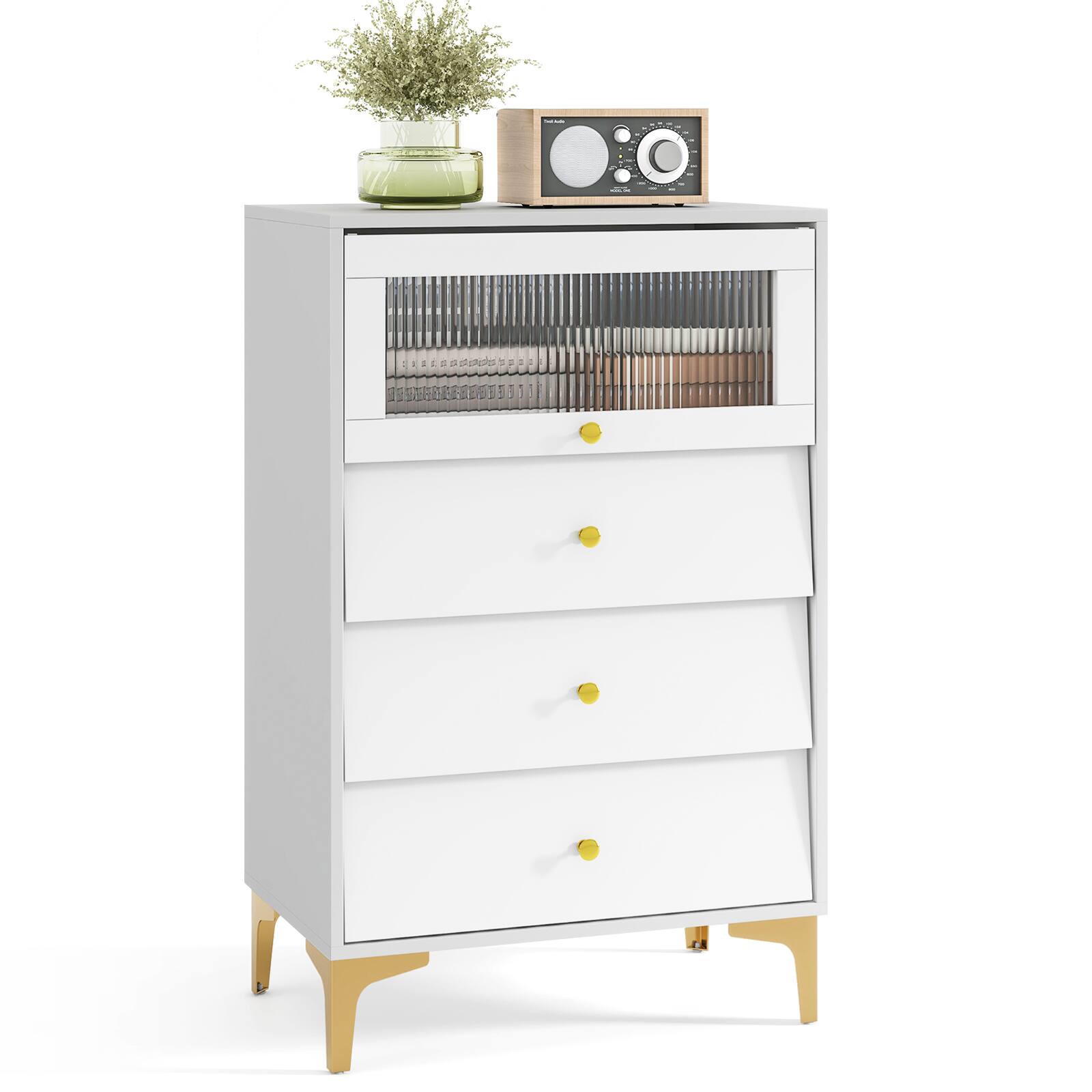 Front. Gymax - Gymax 3 Drawer Dresser 37.5'' Tall Dresser Chest of Drawers w/ Flip-up Fluted Glass Door - Grey, White.