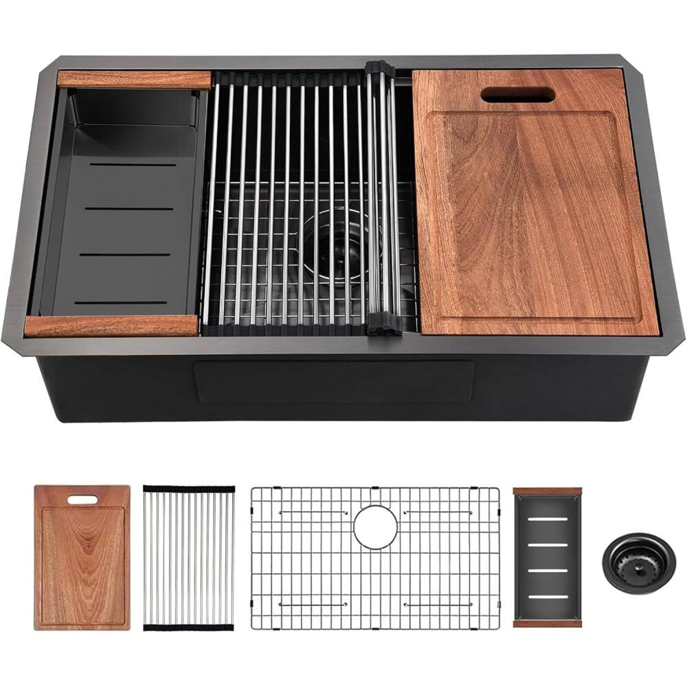 Angle. JUJABU - 32 in. L x 19 in. W Gunmetal Black Undermount Workstation Kitchen Sink with Accessories - Gunmetal Black.