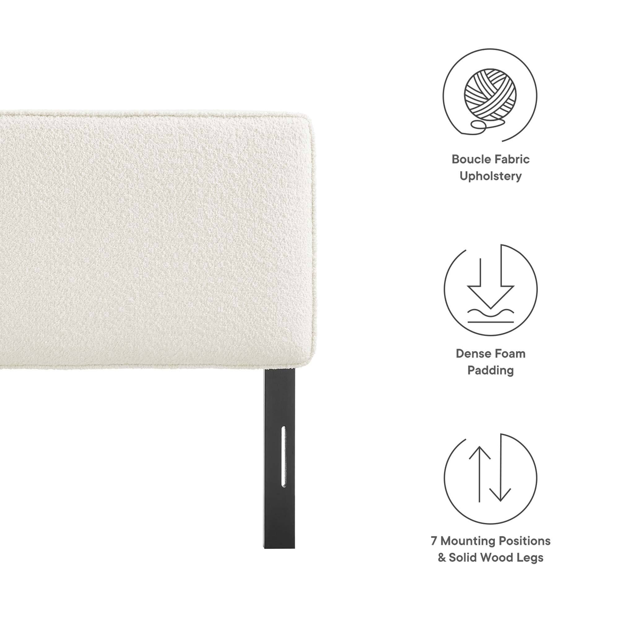 - Boucle Fabric Upholstery
- Dense Foam Padding
- 7 Mounting Positions & Solid Wood Legs
