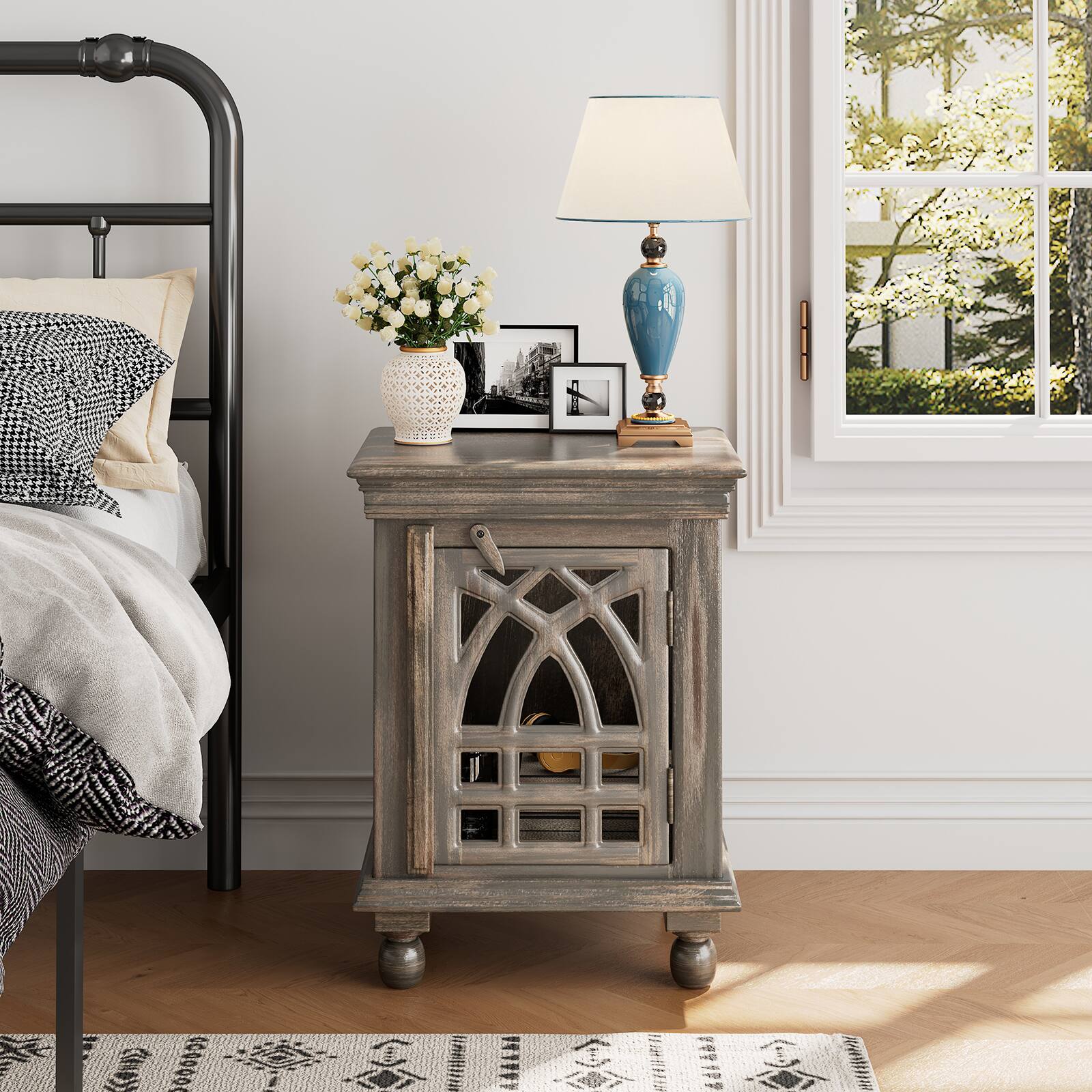 Front. Chateau Abodes - Narrow Side Table, Antique Grey Wood Nightstand with Storage for Small Spaces in Living Room & Bedroom - Antique Grey.