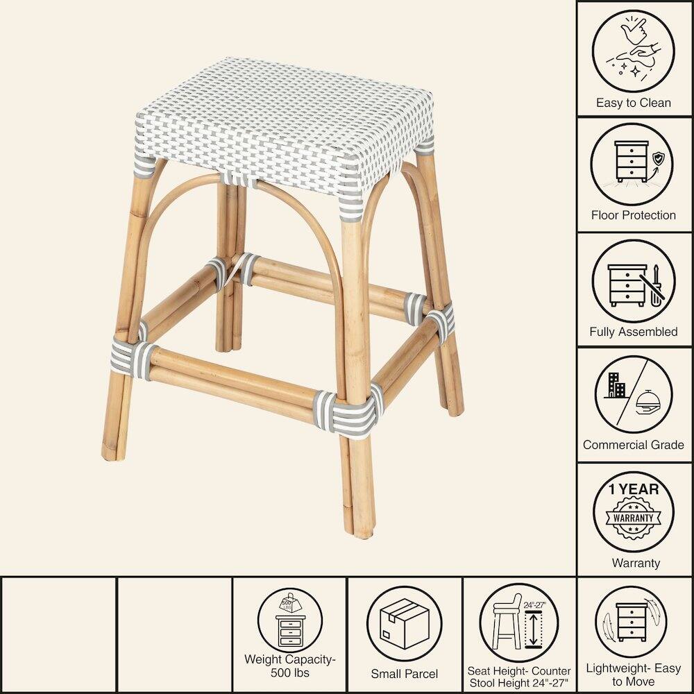 Easy to Clean  
Floor Protection  
Fully Assembled  
Commercial Grade  
1 YEAR WARRANTY  
Weight Capacity- 500 lbs  
Small Parcel  
Seat Height- Counter Stool Height 24"-27"  
Lightweight- Easy to Move