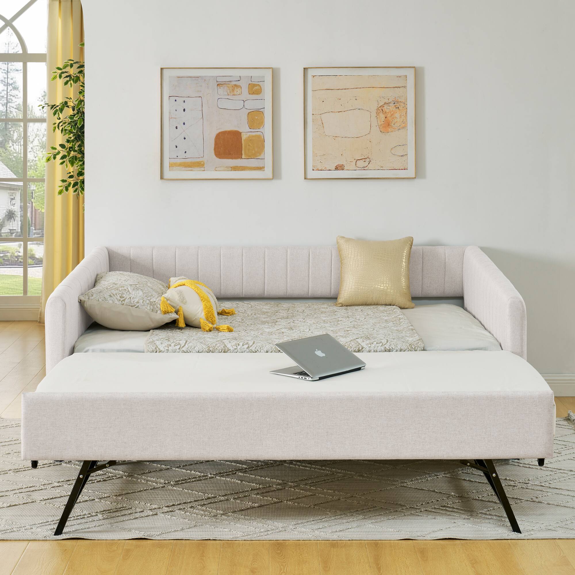 Angle. Tiramisubest - Full Size Daybed with Trundle Upholstered Sofa Bed, with Vertical Stripes, Linen Fabric, Beige (82.5"x58"x30") - Beige.