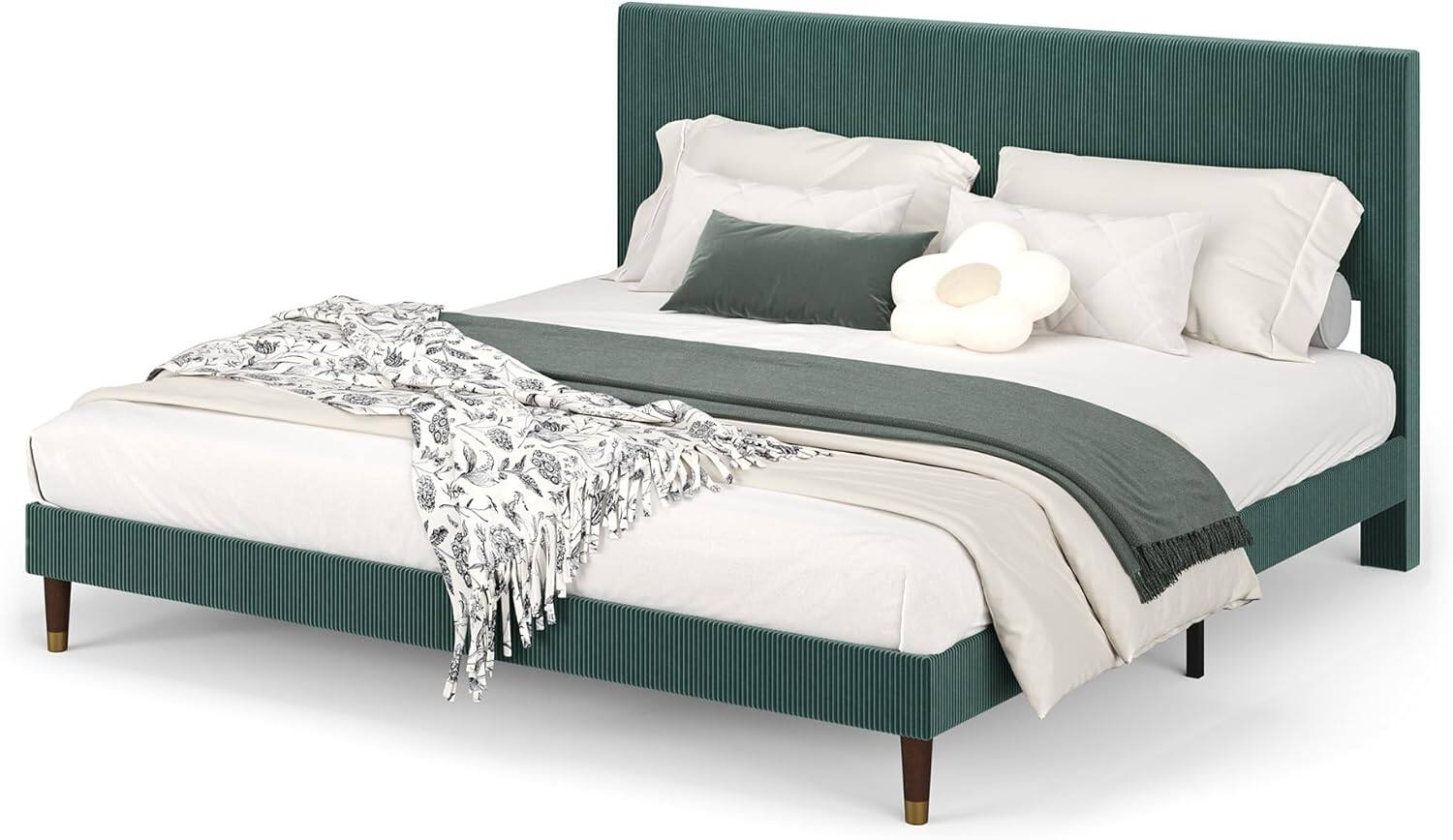 Alt View 3. Acekool - King Size Upholstered Platform Bed Frame, Modern Fabric Headboard, Metal & Wood Support, Green, No Box Spring - Green.