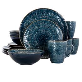 Elama - Deep Sea Mozaic 16 Piece Luxurious Stoneware Dinnerware with Complete Setting for 4 - Dark Blue
