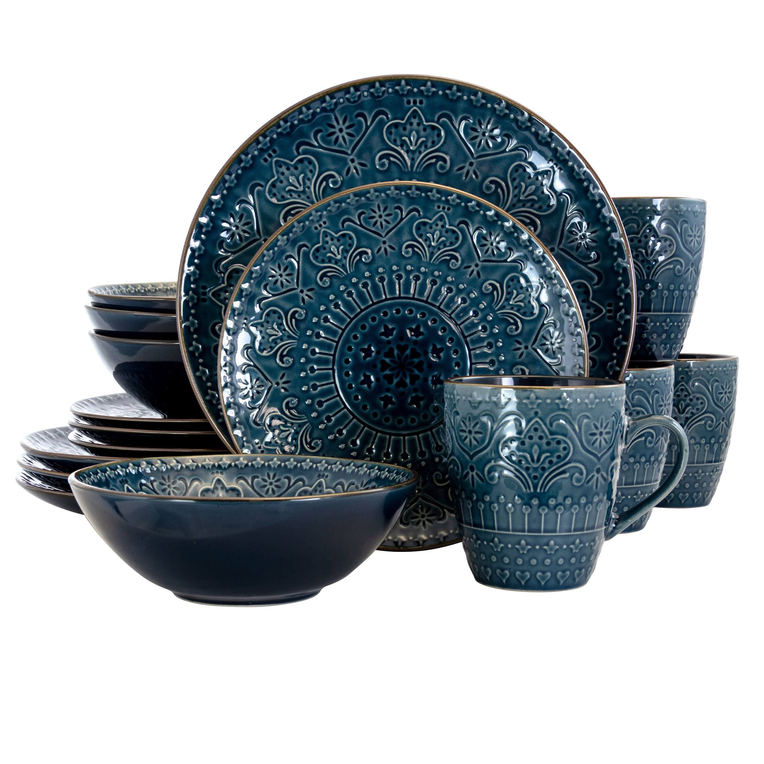 Front. Elama - Elama  Deep Sea Mozaic 16 Piece Luxurious Stoneware Dinnerware with Complete Setting for 4 - Dark Blue.