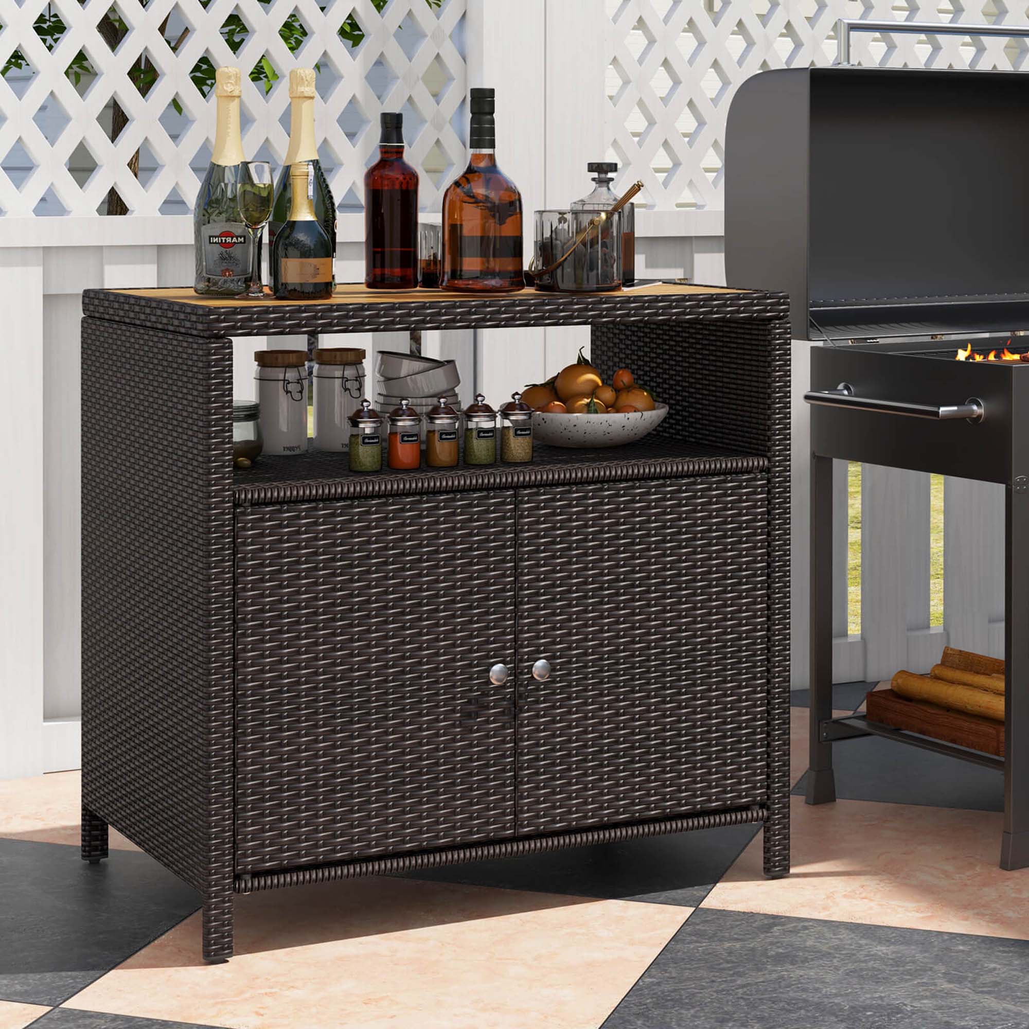 Alt View 1. Costway - Patio Rattan Storage Cabinet with Acacia Wood Countertop Open Shelf 2 Door Cabinet - Mix Brown + Natural.