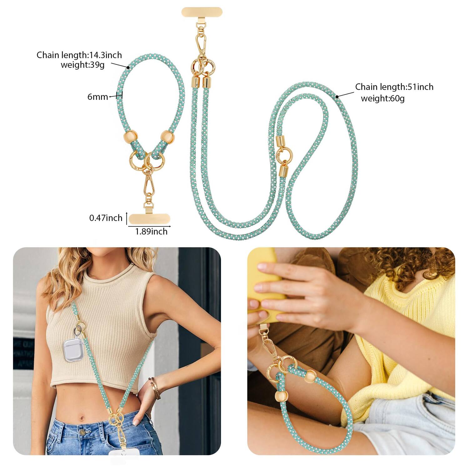 Chain length: 14.3 inch, weight: 39g  
6mm  
Chain length: 51 inch, weight: 60g  
0.47 inch, 1.89 inch