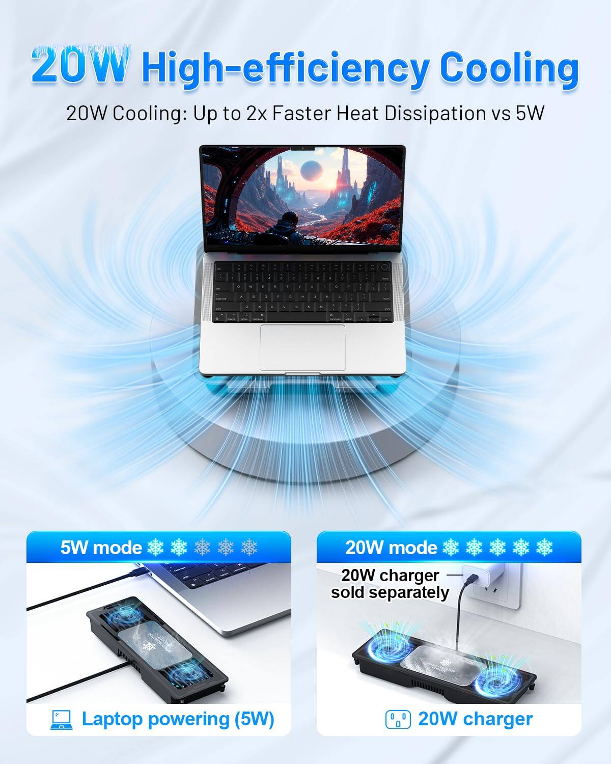 20W High-efficiency Cooling

20W Cooling: Up to 2x Faster Heat Dissipation vs 5W

5W mode
Laptop powering (5W)

20W mode
20W charger sold separately