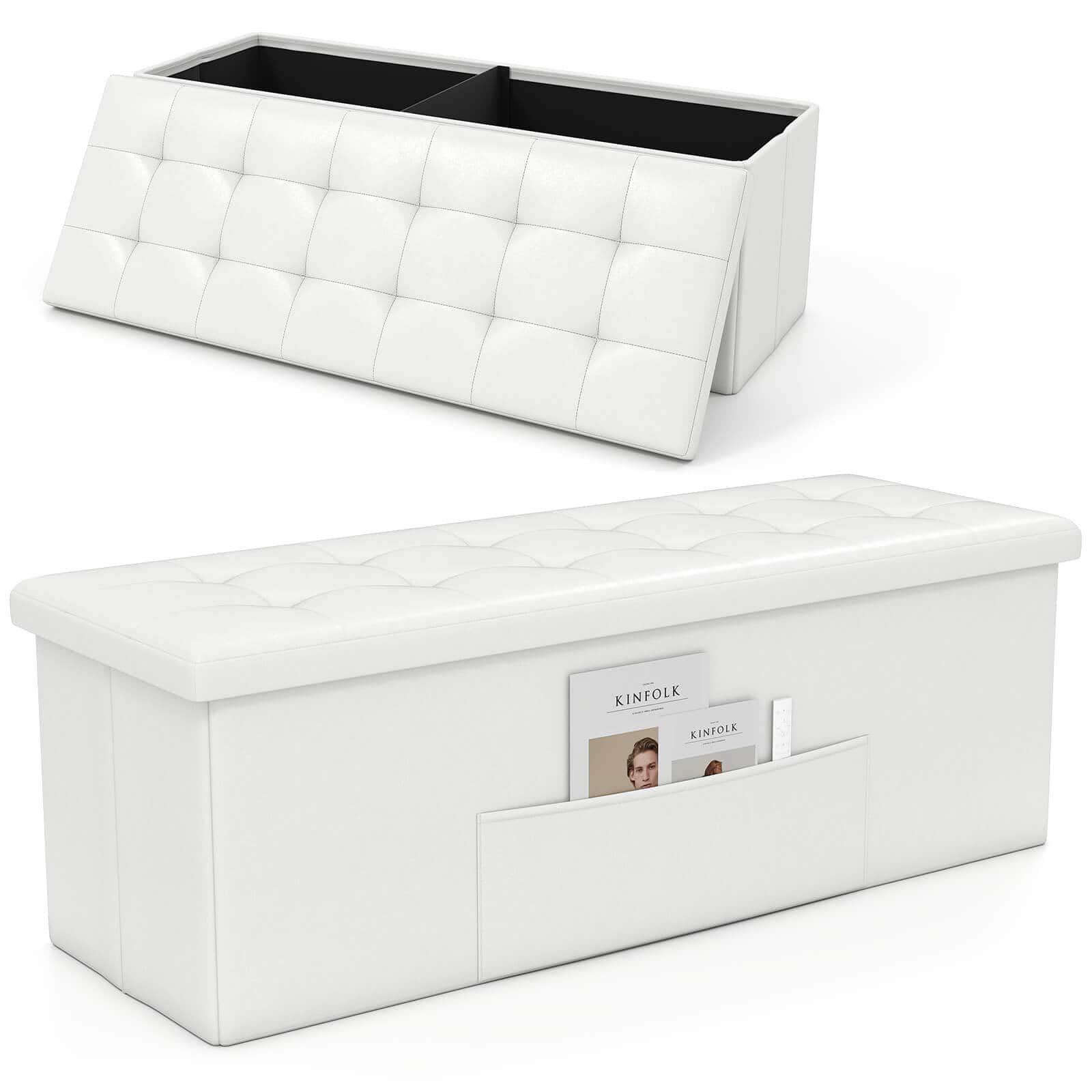 Costway - 43 Inches Folding Storage Ottoman Bench Foot Rest Stool with Side Pocket - White