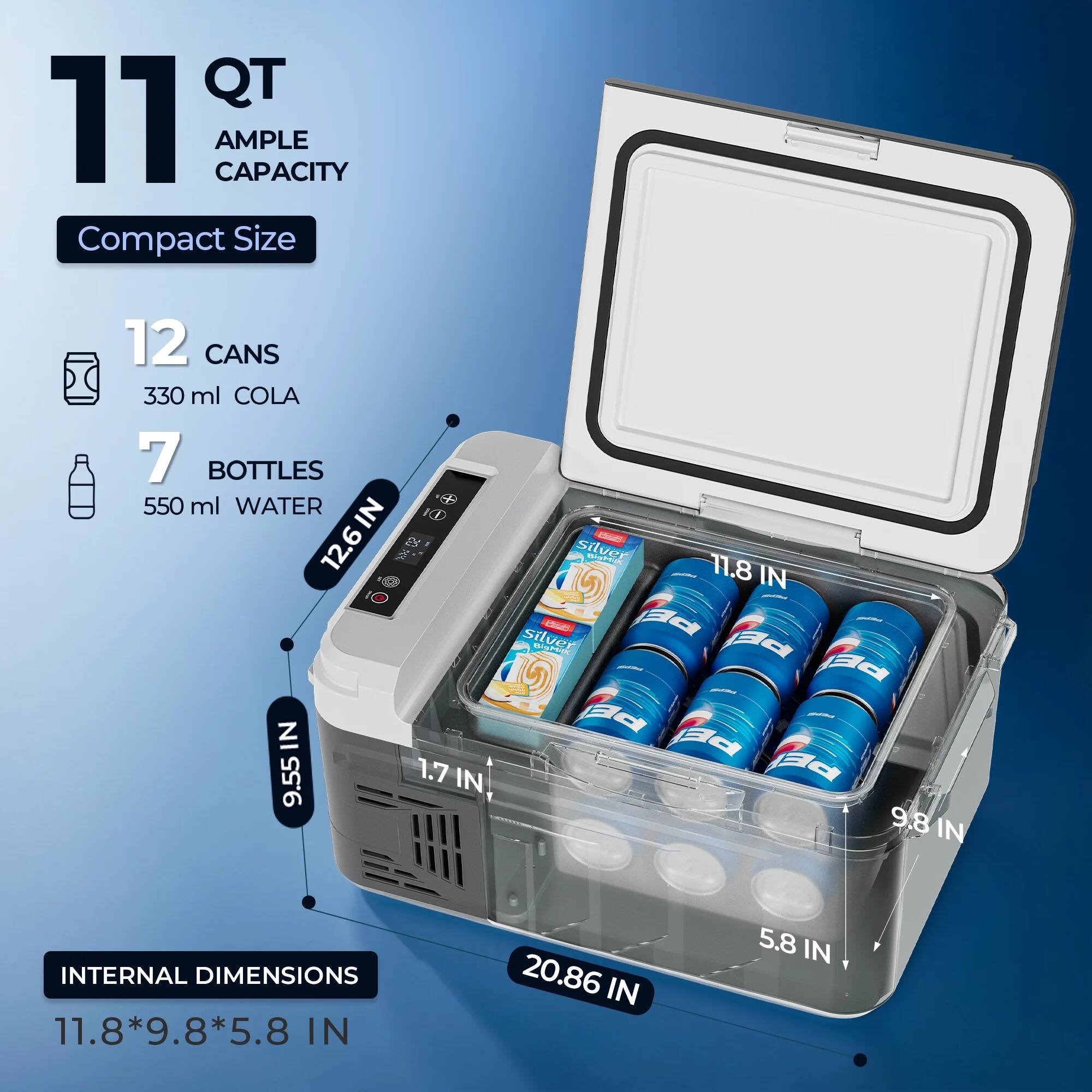 11 QT Ample Capacity Compact Size 12 Cans 330 ml Cola 7 Bottles 550 ml Water in 10.12.6 IN SS in 9.55 1.7 IN - Silver Ped 1 11.8 IN in Silver. Internal Dimensions: 11.8*9.8*5.8 IN.