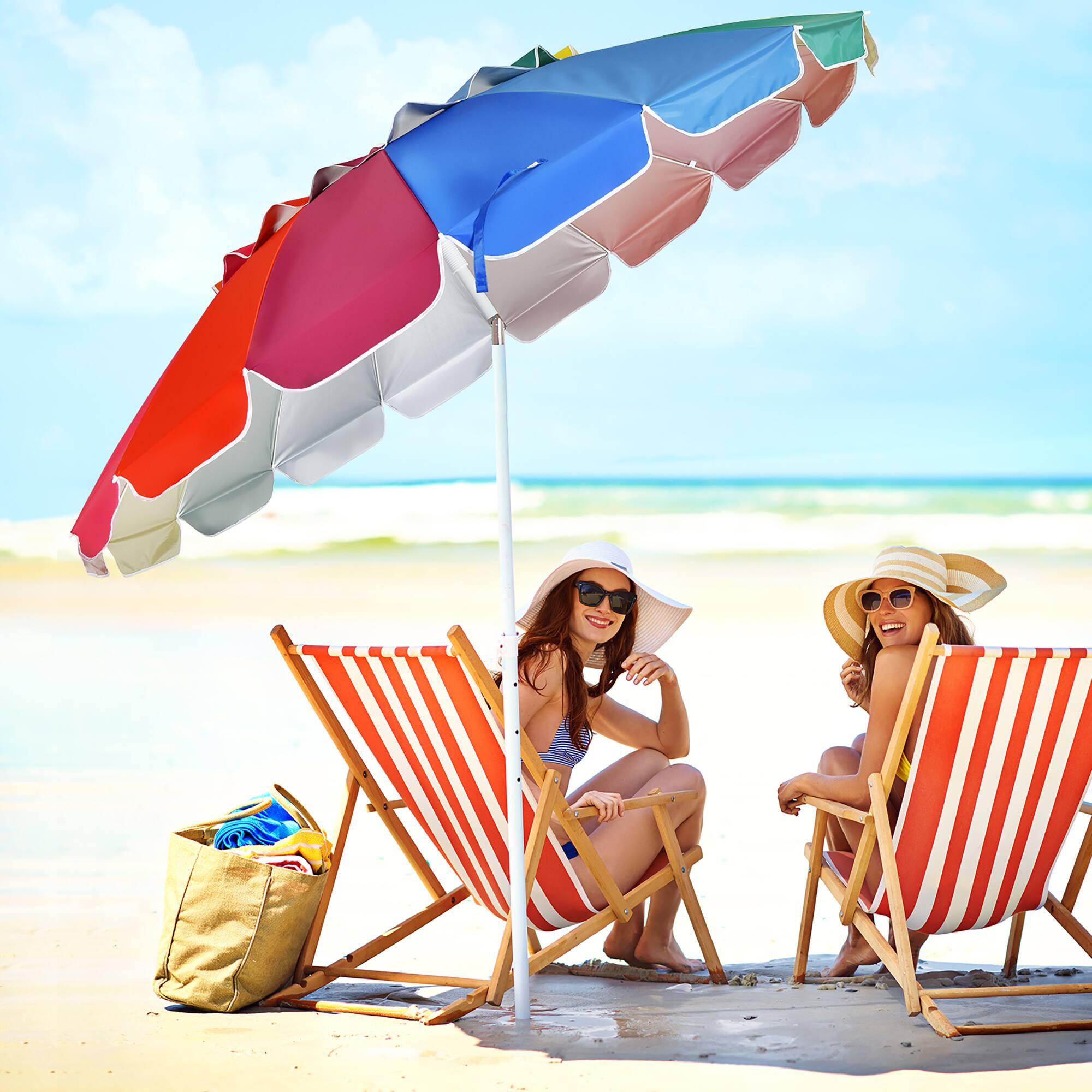 Alt View 1. Costway - Costway 8 FT Beach Umbrella Outdoor Tilt Sunshade Sand Anchor W/Carry Bag Rainbow - Rainbow.